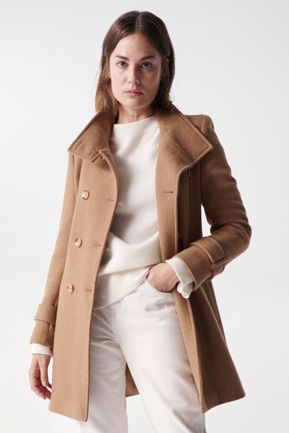 Grace Long Woolen Coat in Medium Beige Jacken Salsa Jeans   