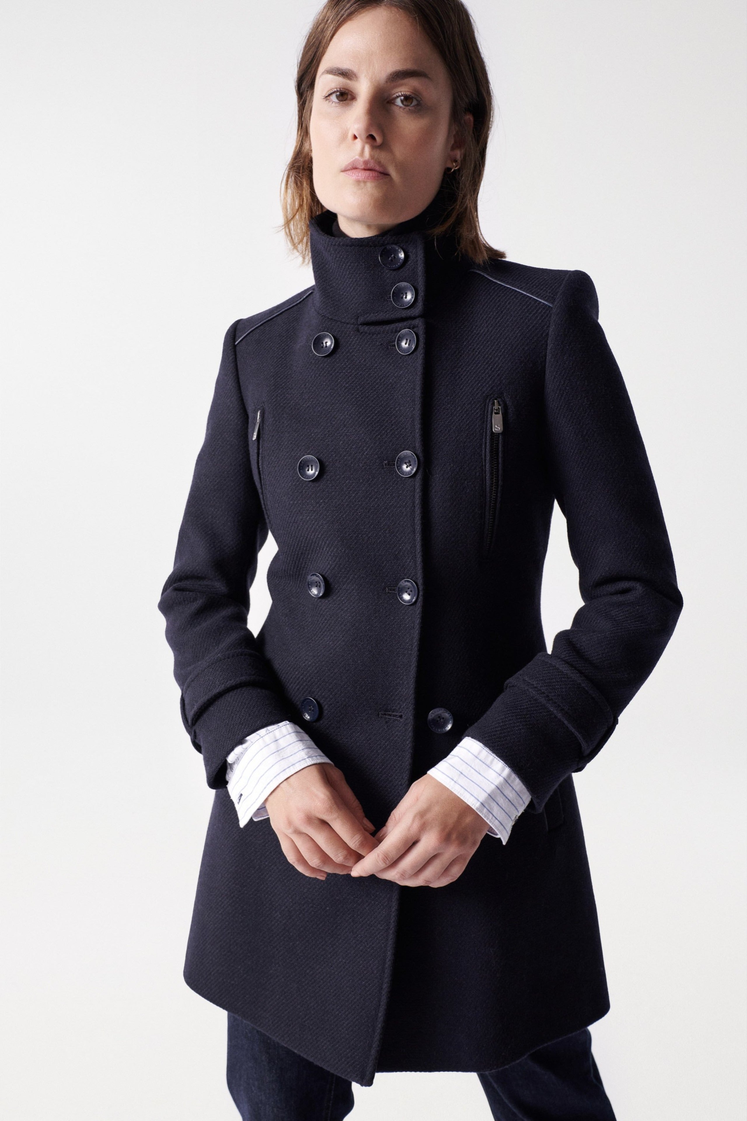 Grace Long Woolen Coat in Dark Blue