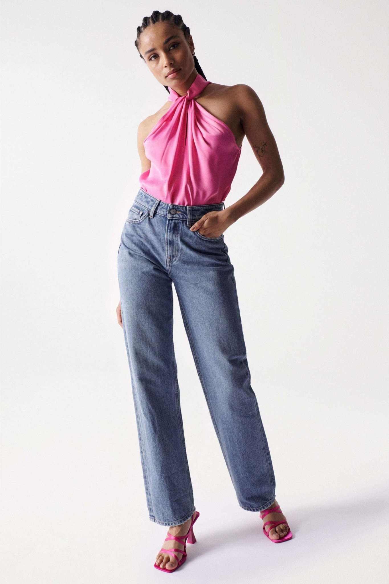 Satin-Neckholder-Top in Medium Pink Tops Salsa Jeans   