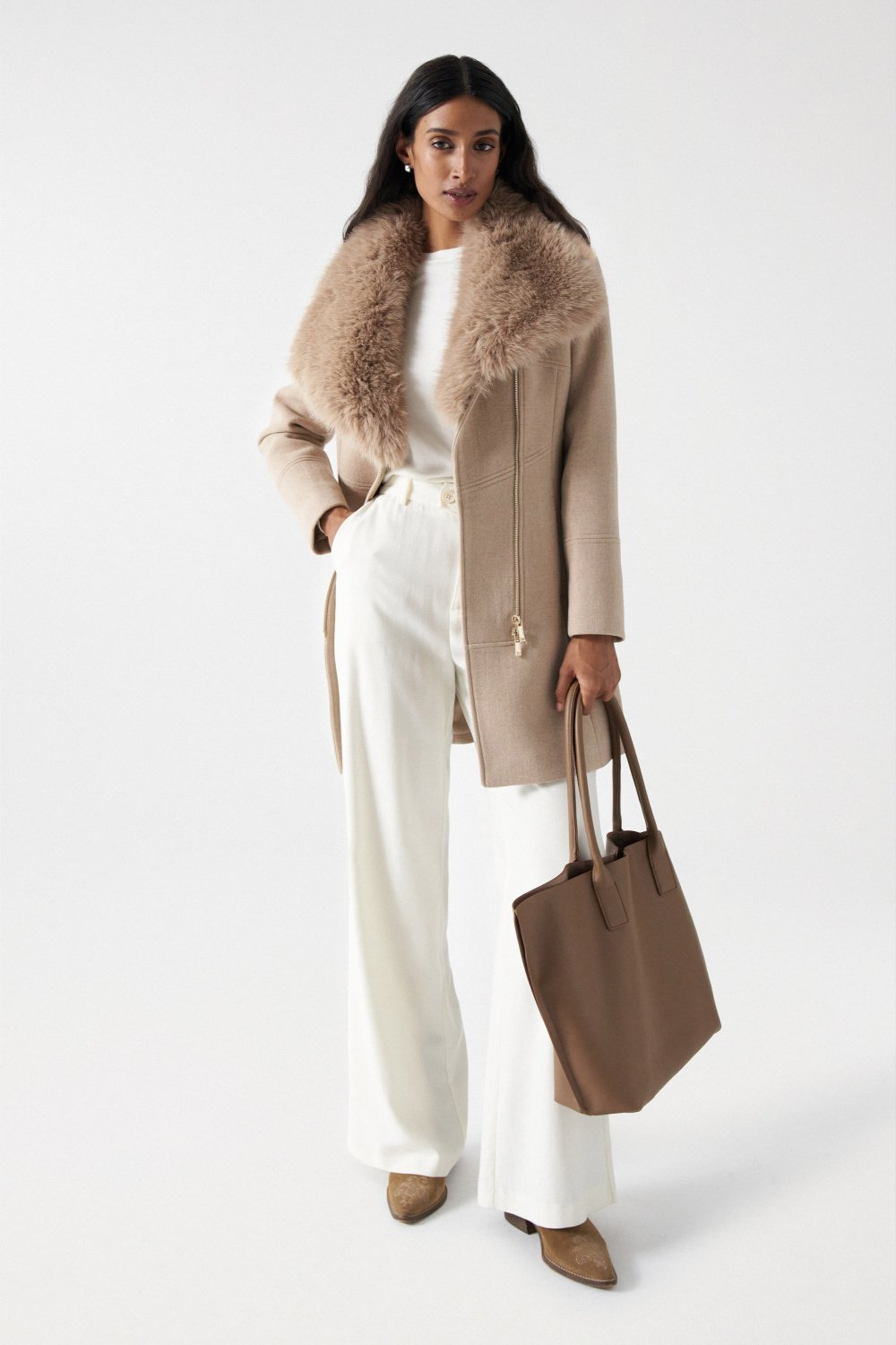 Wool Coat With Fur Collar in Medium Beige V1 Jacken Salsa Jeans   