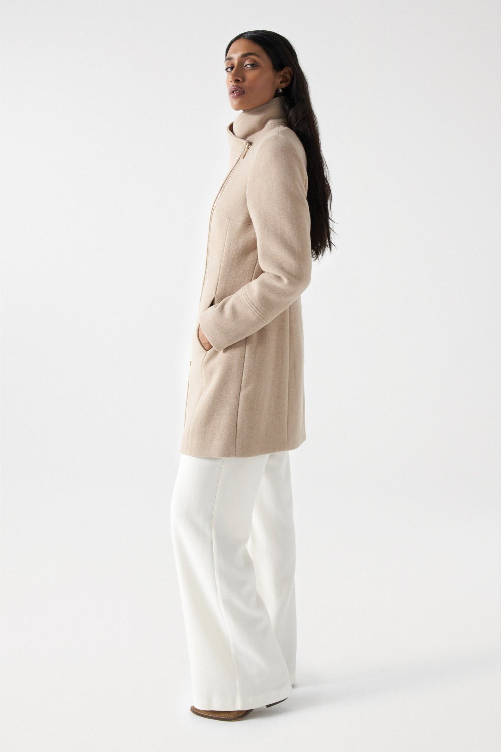 Wool Coat With Fur Collar in Medium Beige V1 Jacken Salsa Jeans   