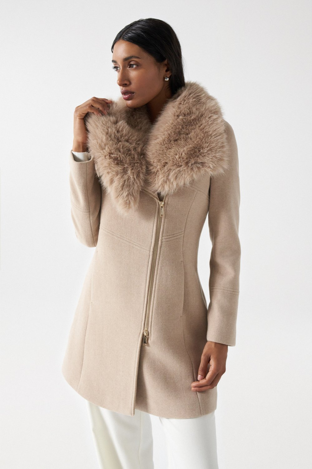 Wool Coat With Fur Collar in Medium Beige V1 Jacken Salsa Jeans   