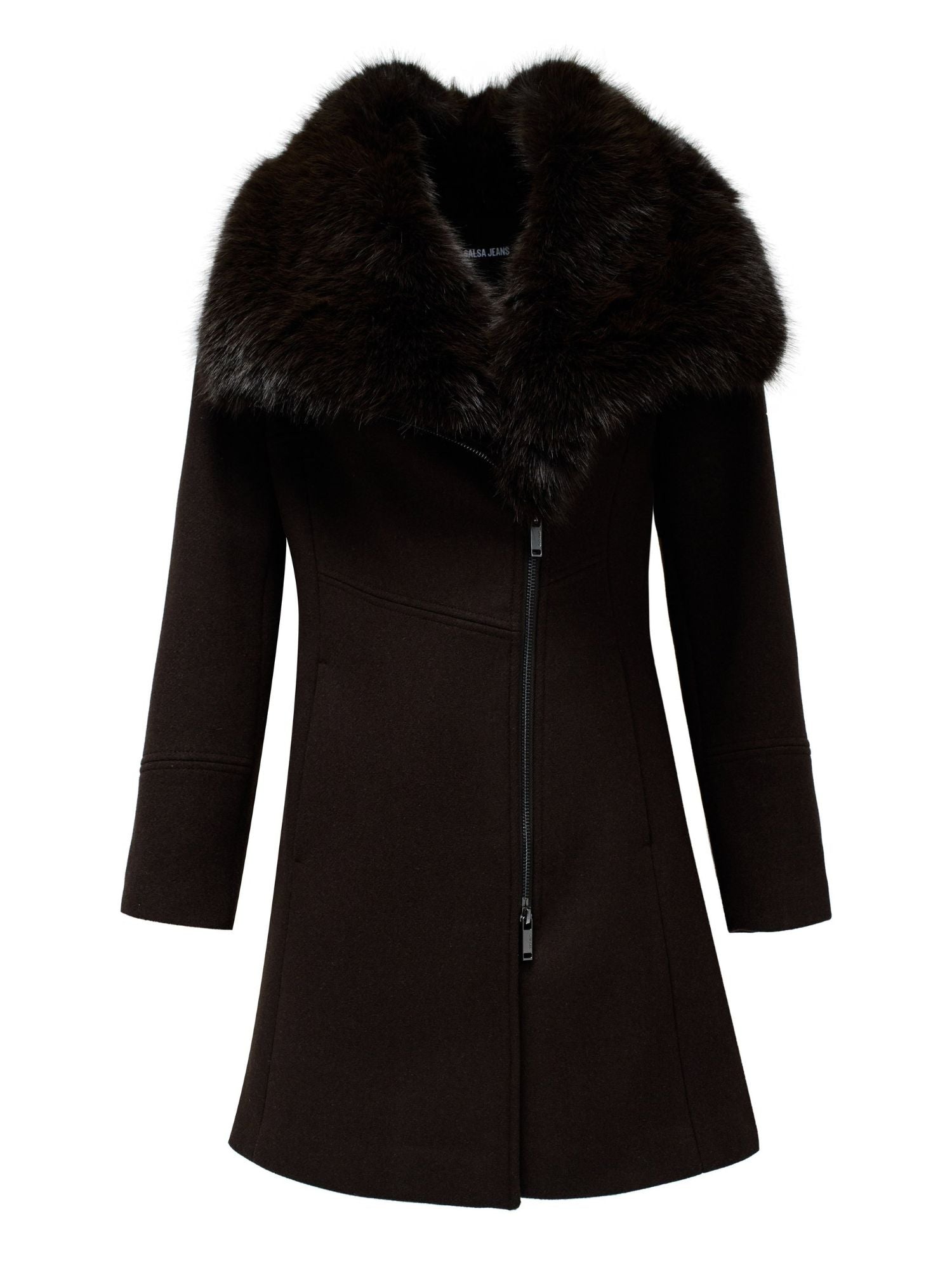 Wool Coat With Fur Collar in Dark Brown