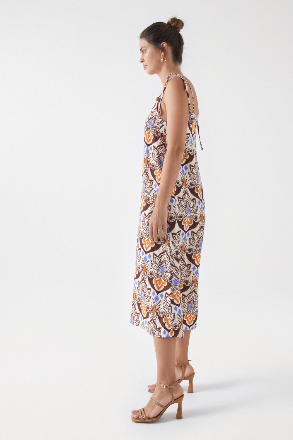 Printed Linen Midi Dress in Light Pearl Kleider Salsa Jeans   