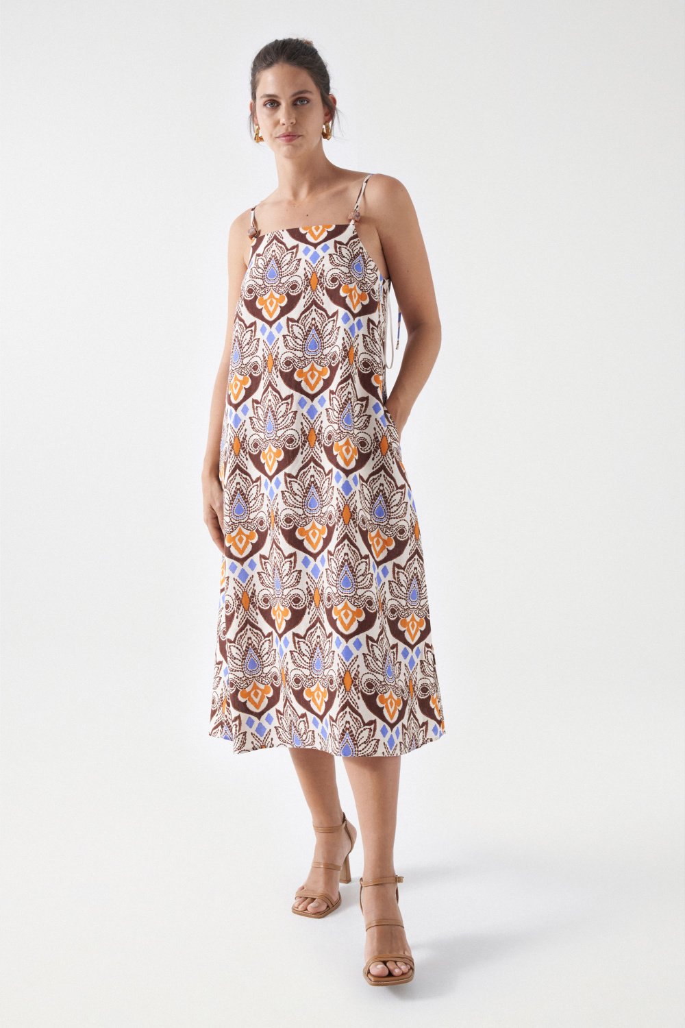 Printed Linen Midi Dress in Light Pearl Kleider Salsa Jeans   