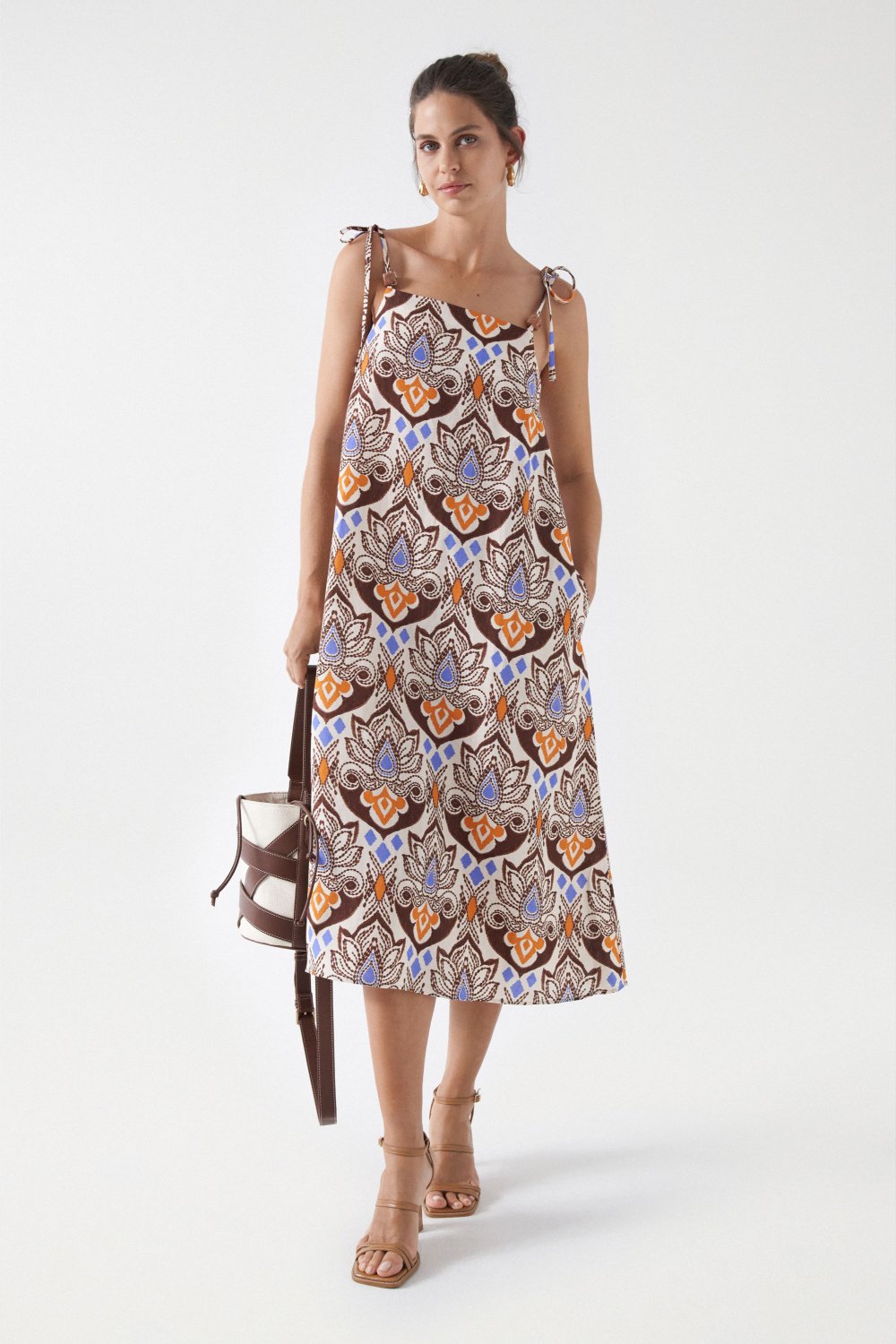 Printed Linen Midi Dress in Light Pearl Kleider Salsa Jeans   