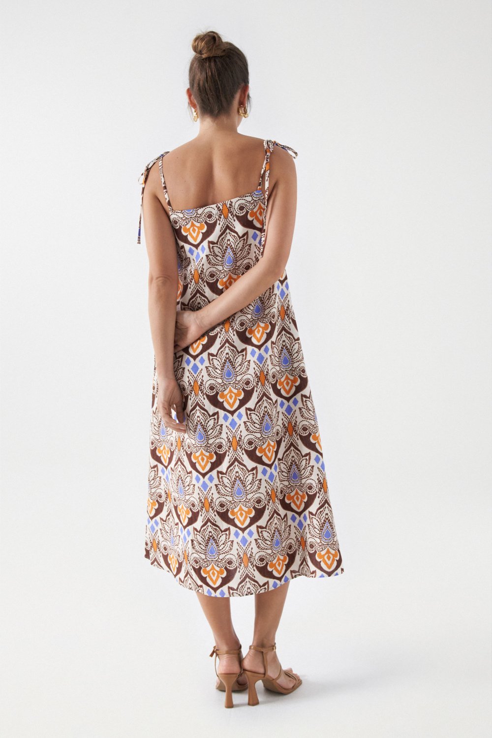 Printed Linen Midi Dress in Light Pearl Kleider Salsa Jeans   