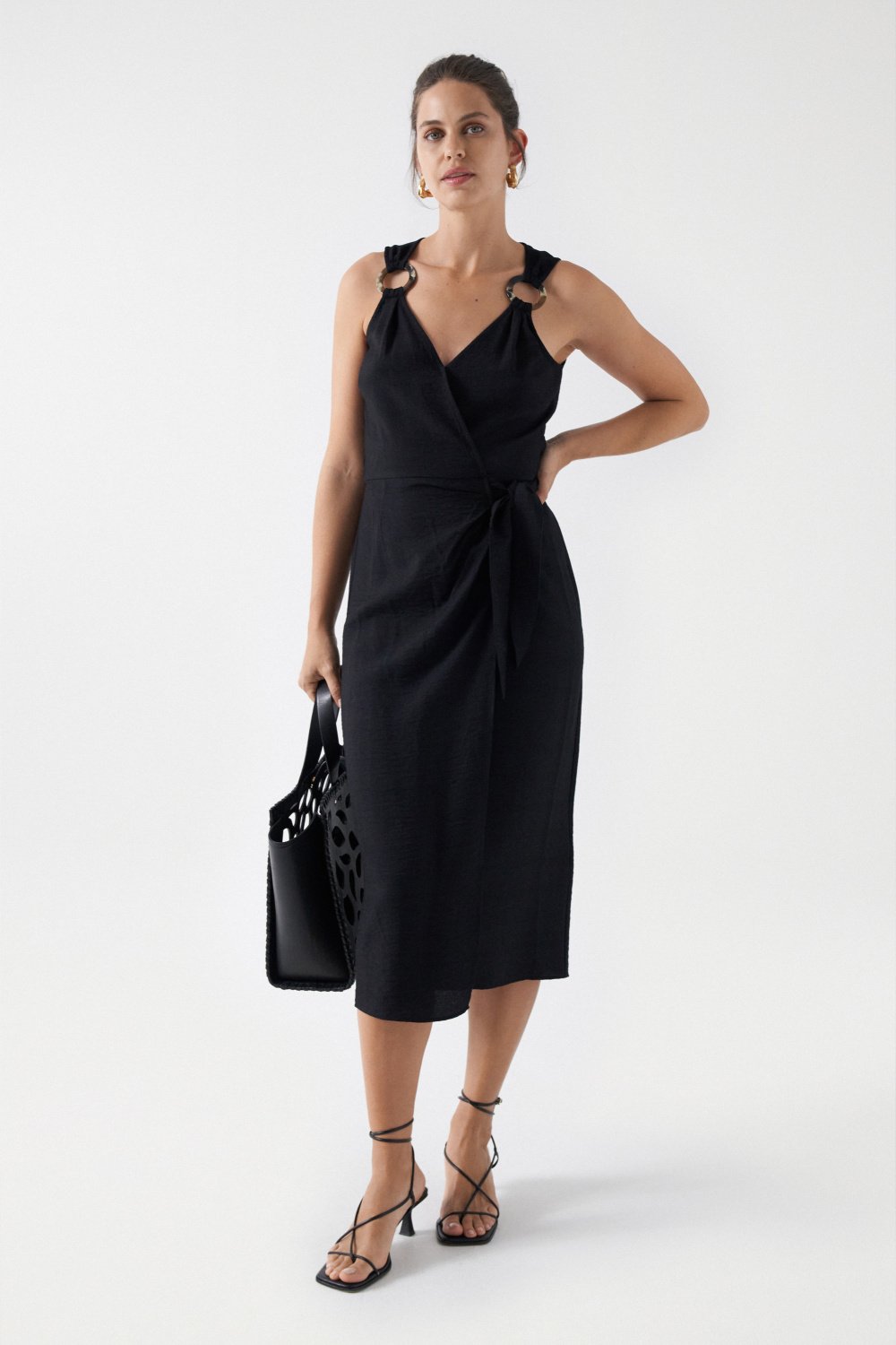 Wrap Midi Dress in Black Kleider Salsa Jeans   