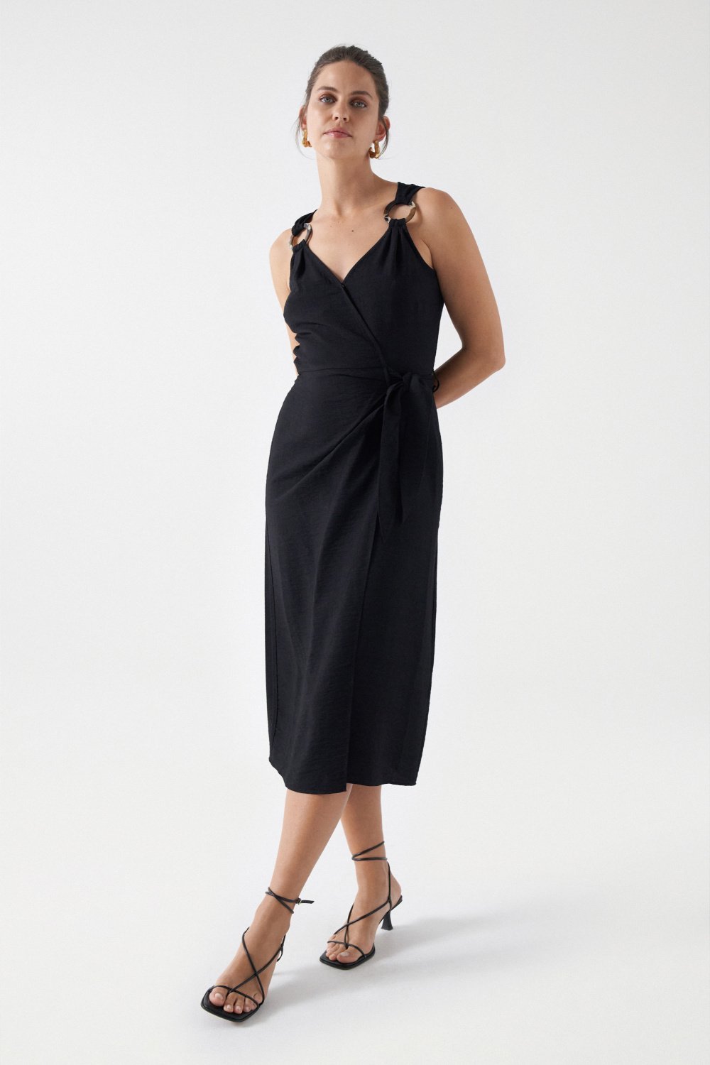 Wrap Midi Dress in Black Kleider Salsa Jeans   