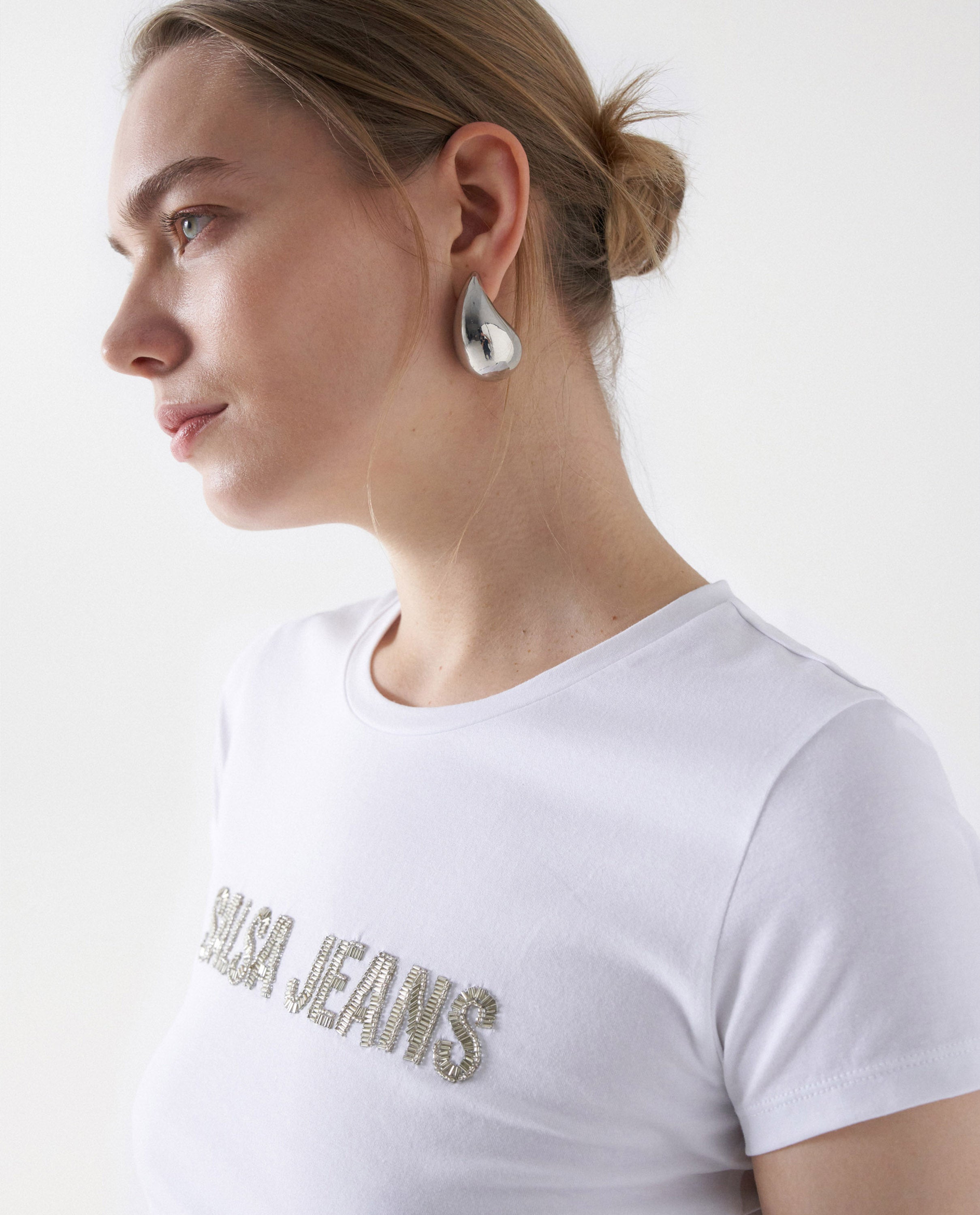 Beads Detail Branding T-Shirt in White T-Shirts Salsa Jeans   