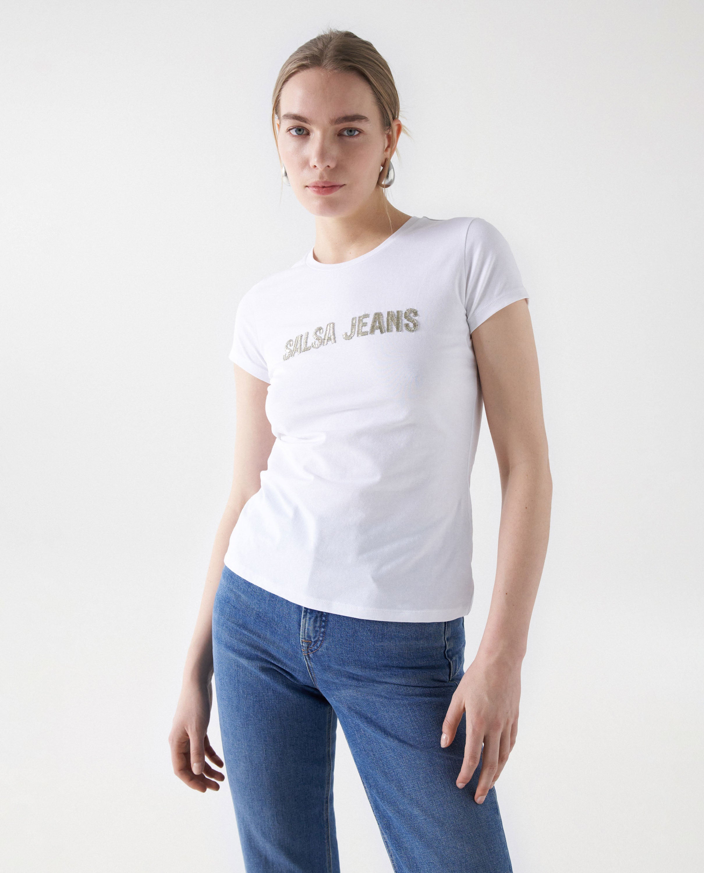 Beads Detail Branding T-Shirt in White T-Shirts Salsa Jeans   
