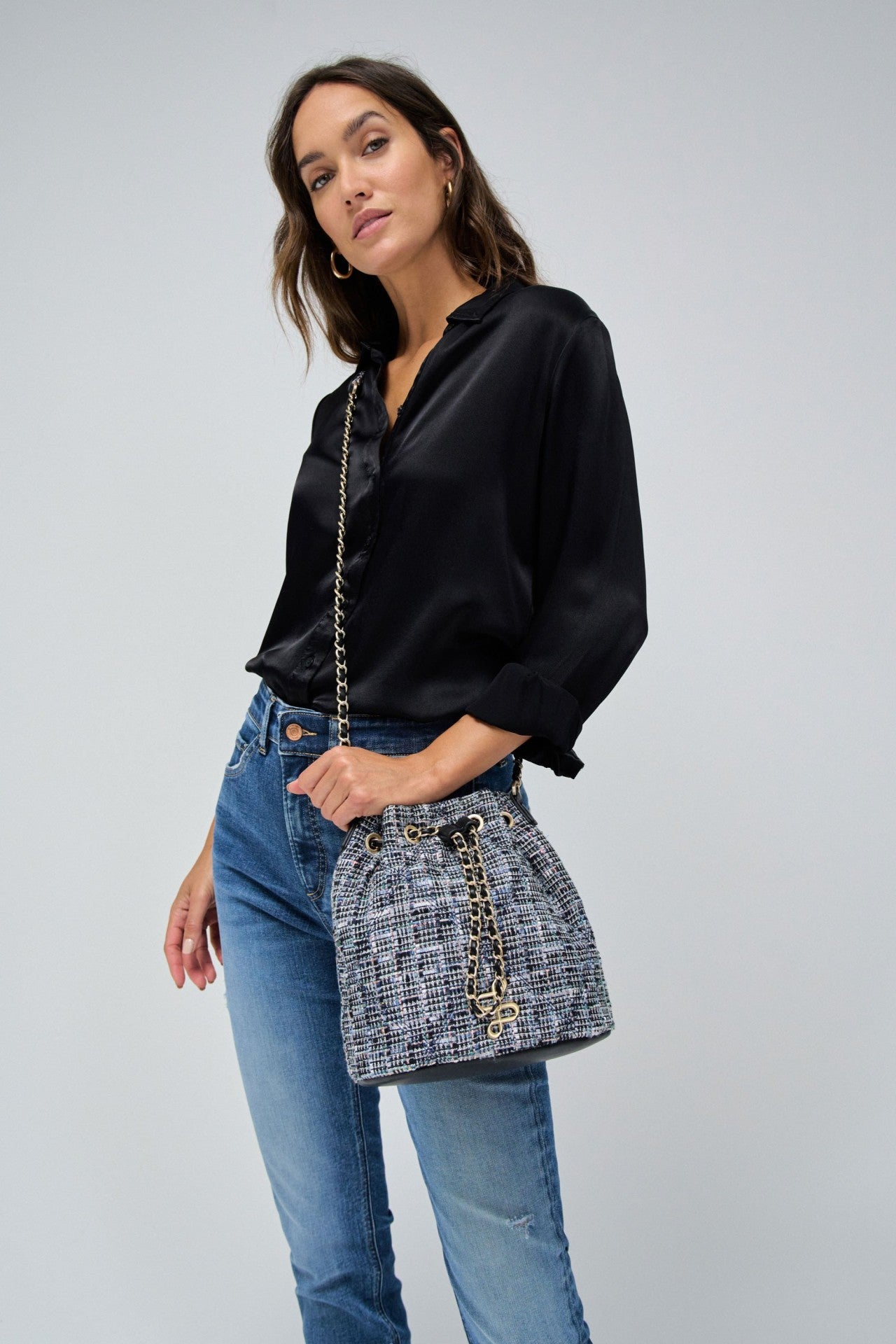 Tweed Bucket Bag in Dark Blue V2 Taschen Salsa Jeans   