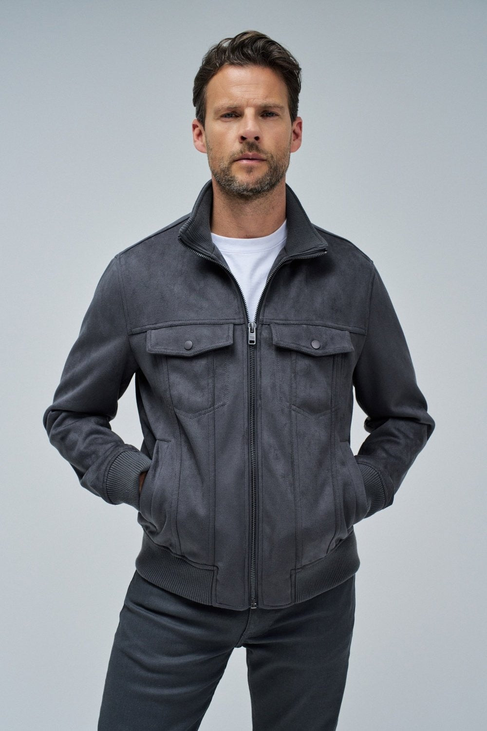 Suede Trucker Jacket in Dark Grey Jacken Salsa Jeans