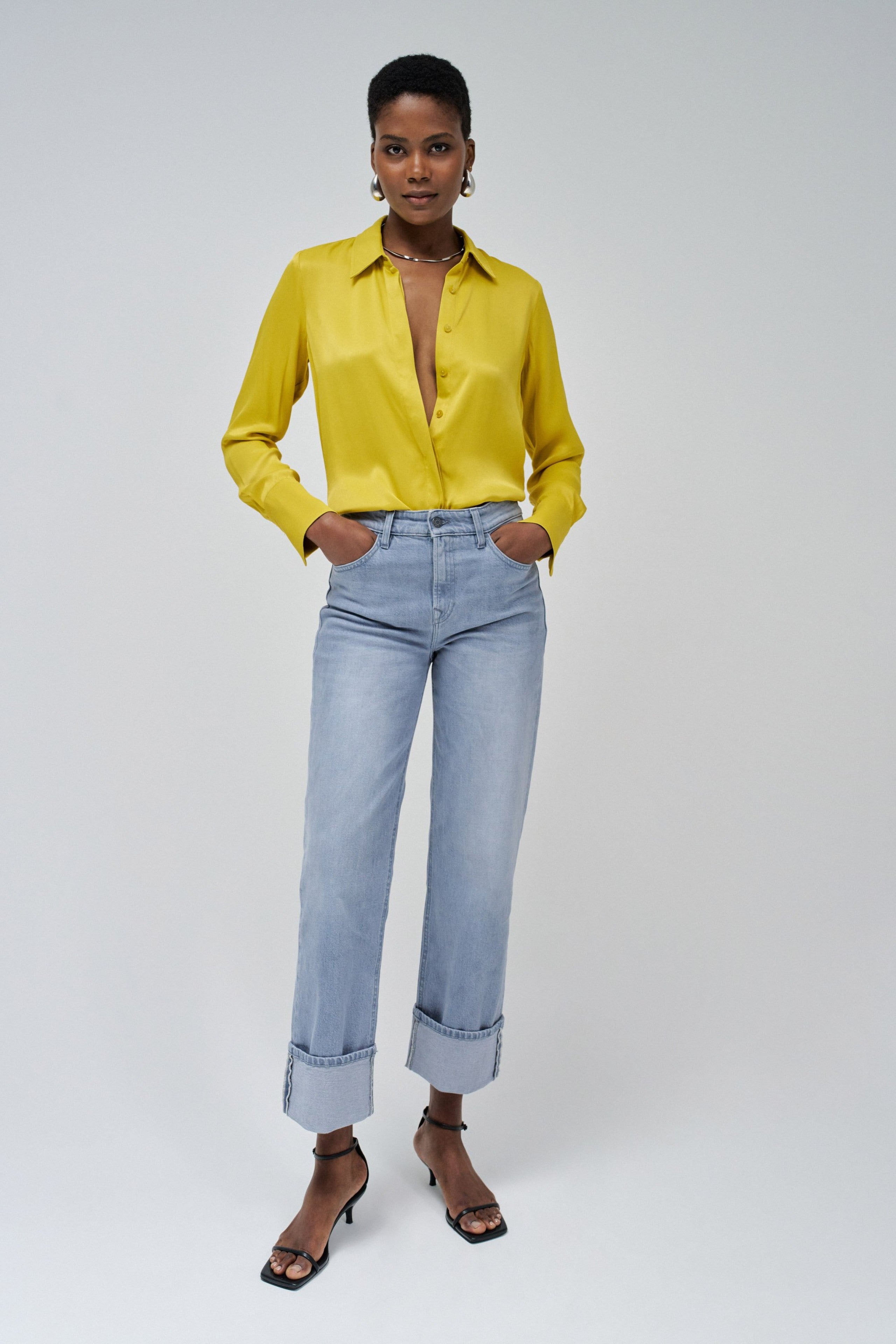 Satin Basic Shirt with Placket Detail in Light Yellow Hemden Salsa Jeans   