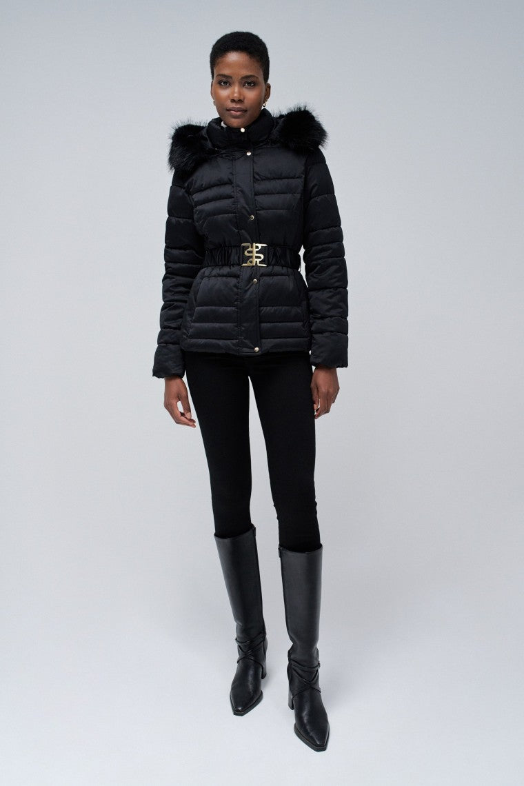 Short Puffer Coat With Fur Hood in Black Jacken Salsa Jeans   