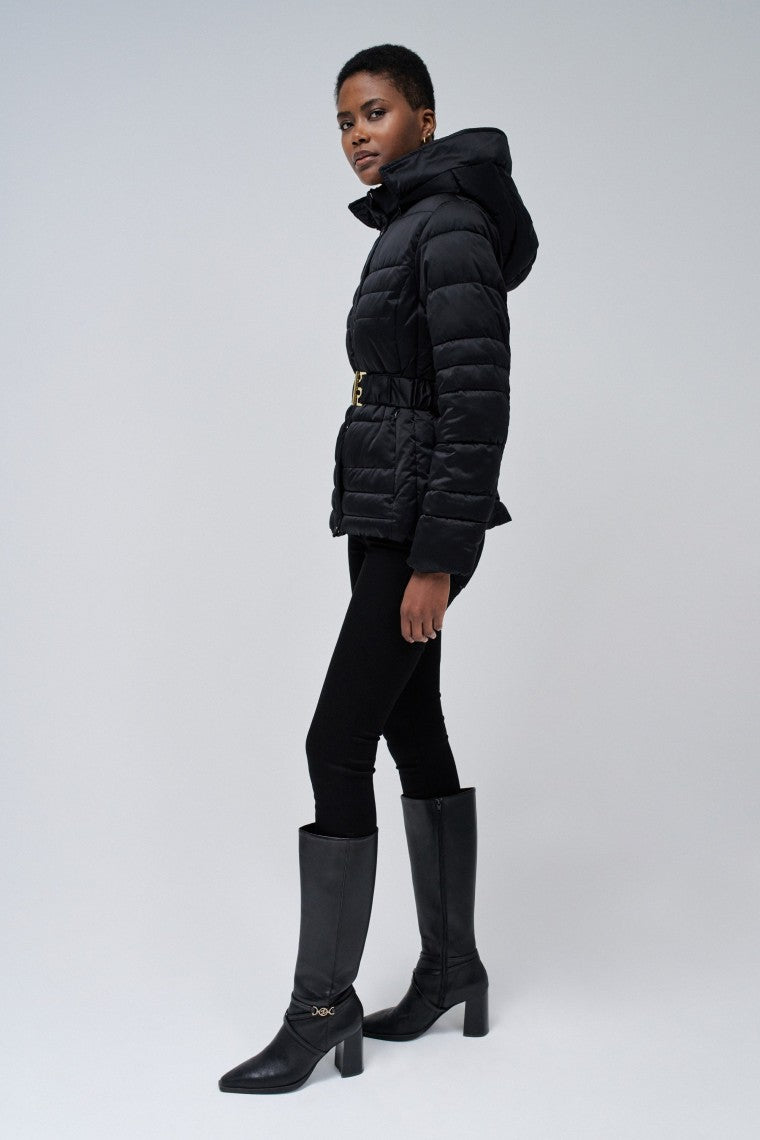 Short Puffer Coat With Fur Hood in Black Jacken Salsa Jeans   