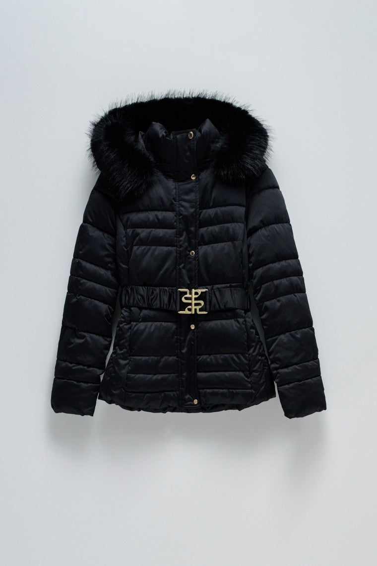 Short Puffer Coat With Fur Hood in Black Jacken Salsa Jeans   