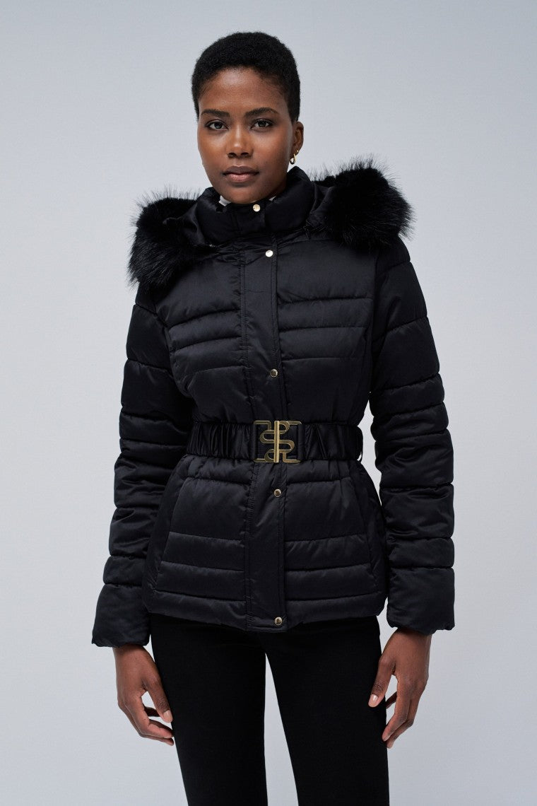 Short Puffer Coat With Fur Hood in Black Jacken Salsa Jeans   