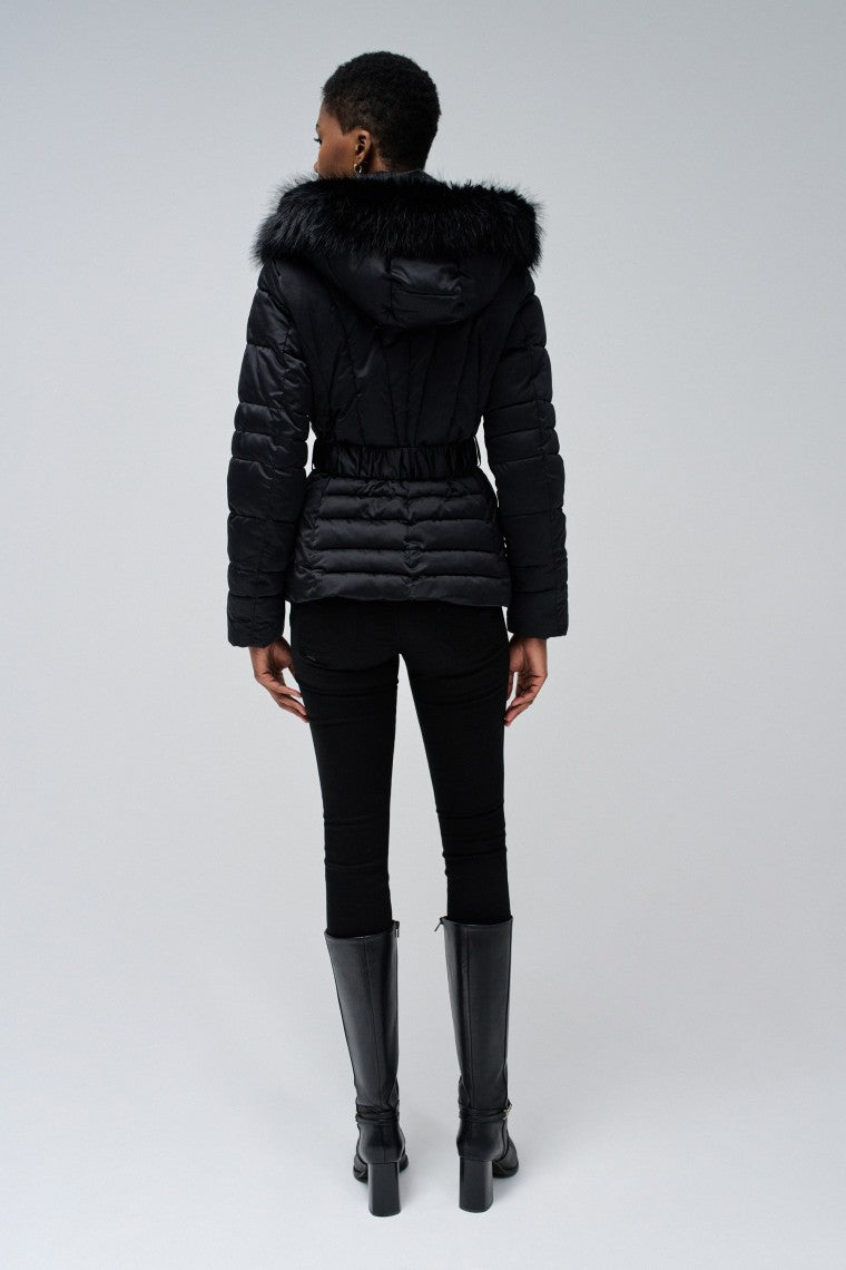 Short Puffer Coat With Fur Hood in Black Jacken Salsa Jeans   