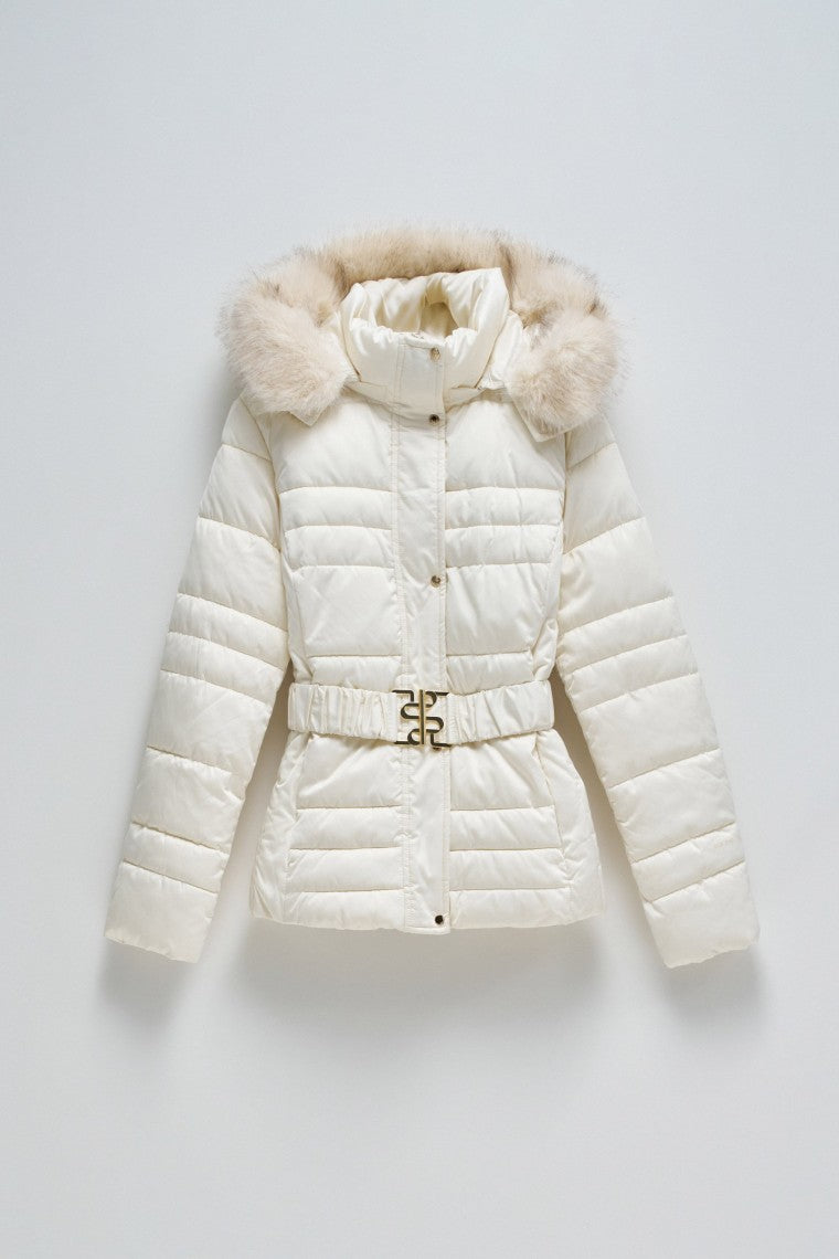 Short Puffer Coat With Fur Hood in Light Beige Jacken Salsa Jeans   