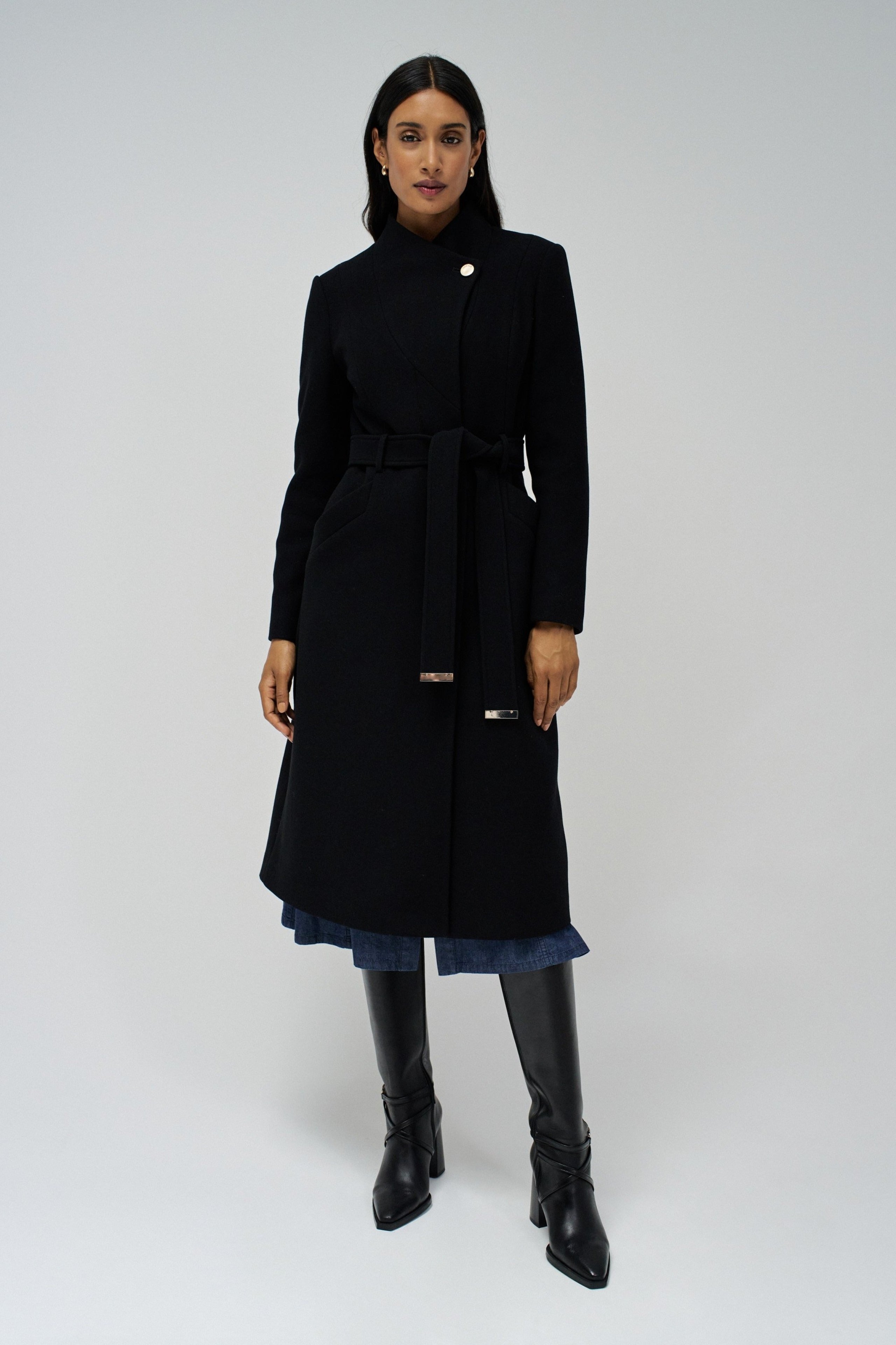 Long Wool Peacoat With Belt in Black Jacken Salsa Jeans