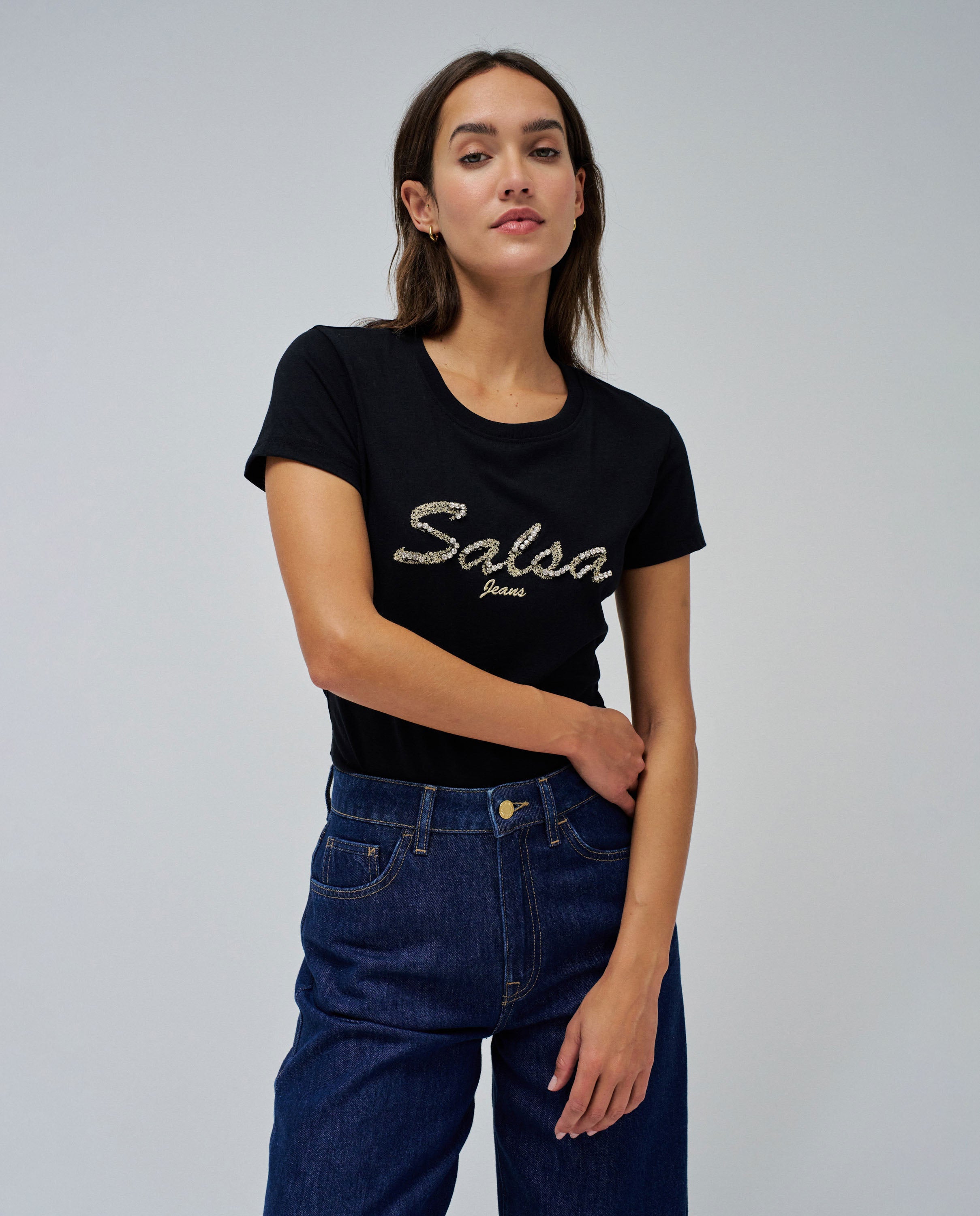 Lurex Embroidery Branding T-Shirt in Black T-Shirts Salsa Jeans