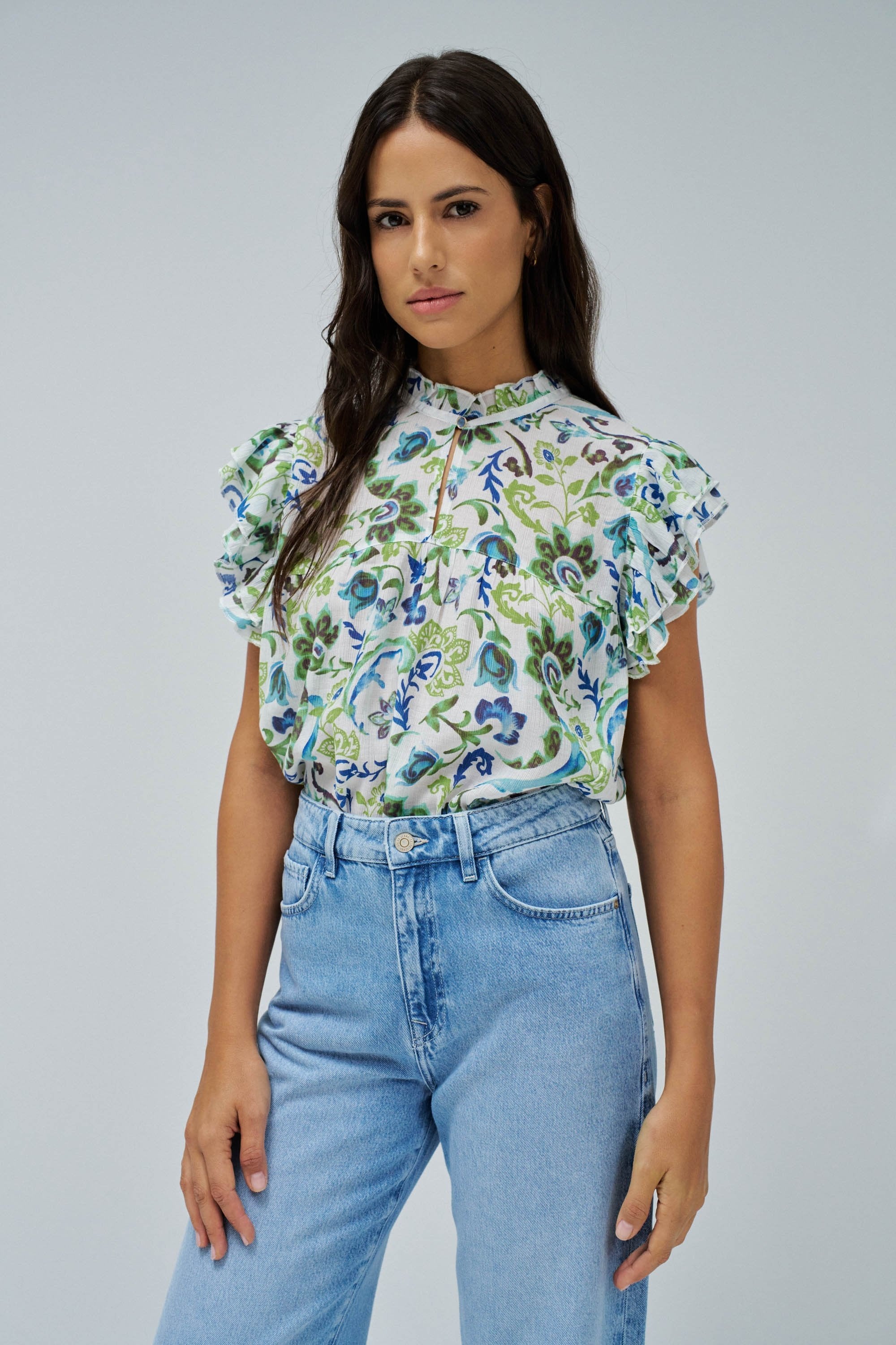 Ruffled Detail Print Blouse in Light Green Hemden Salsa Jeans