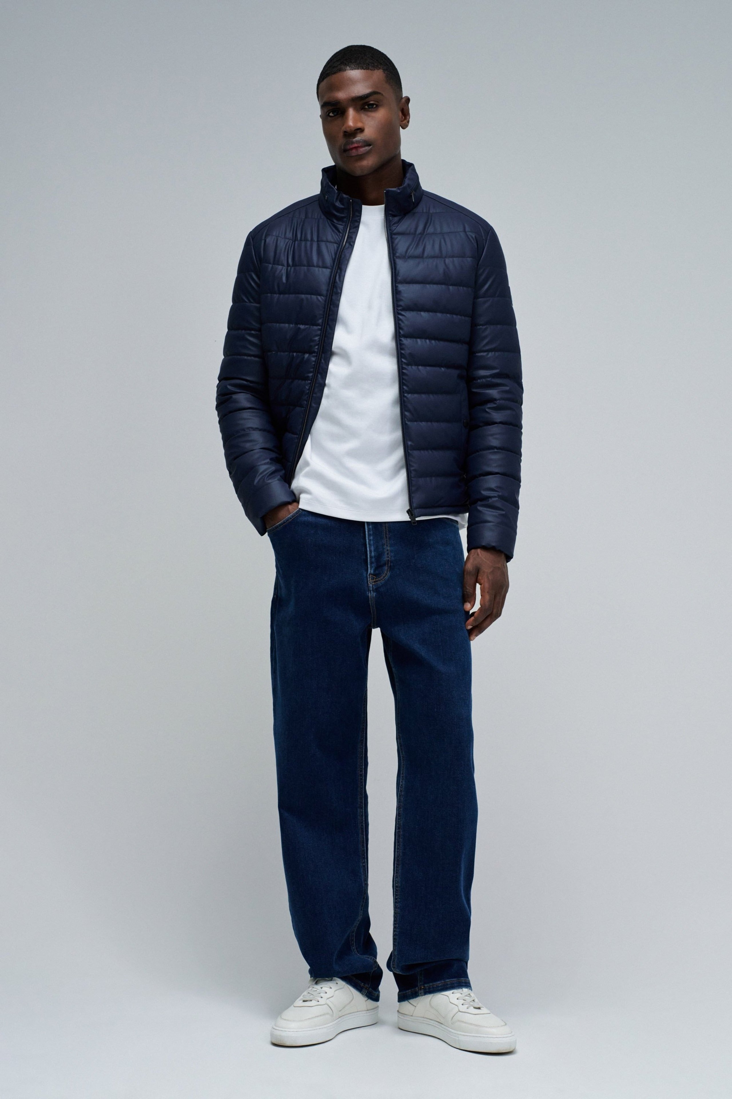 Light Padded PU Leather Jacket in Dark Blue