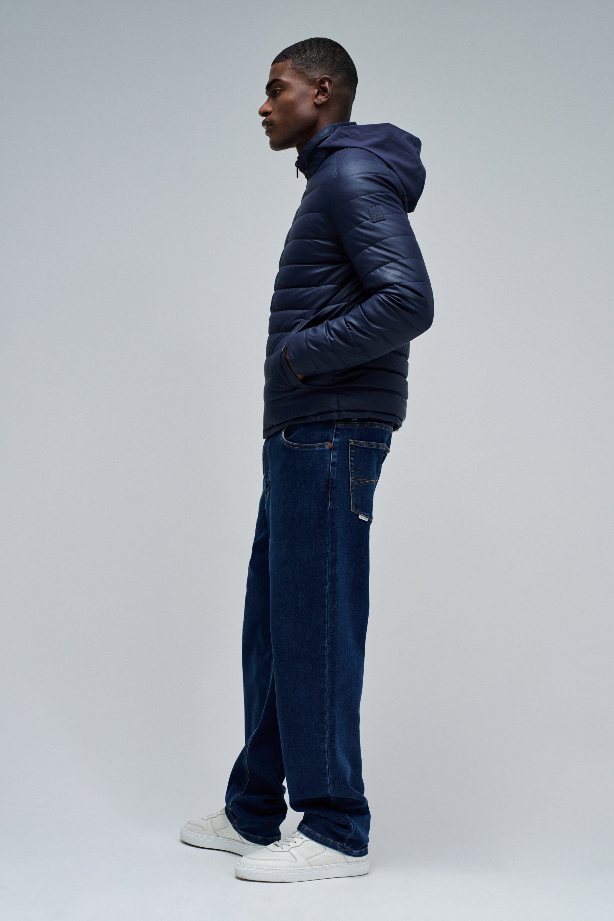 Light Padded PU Leather Jacket in Dark Blue