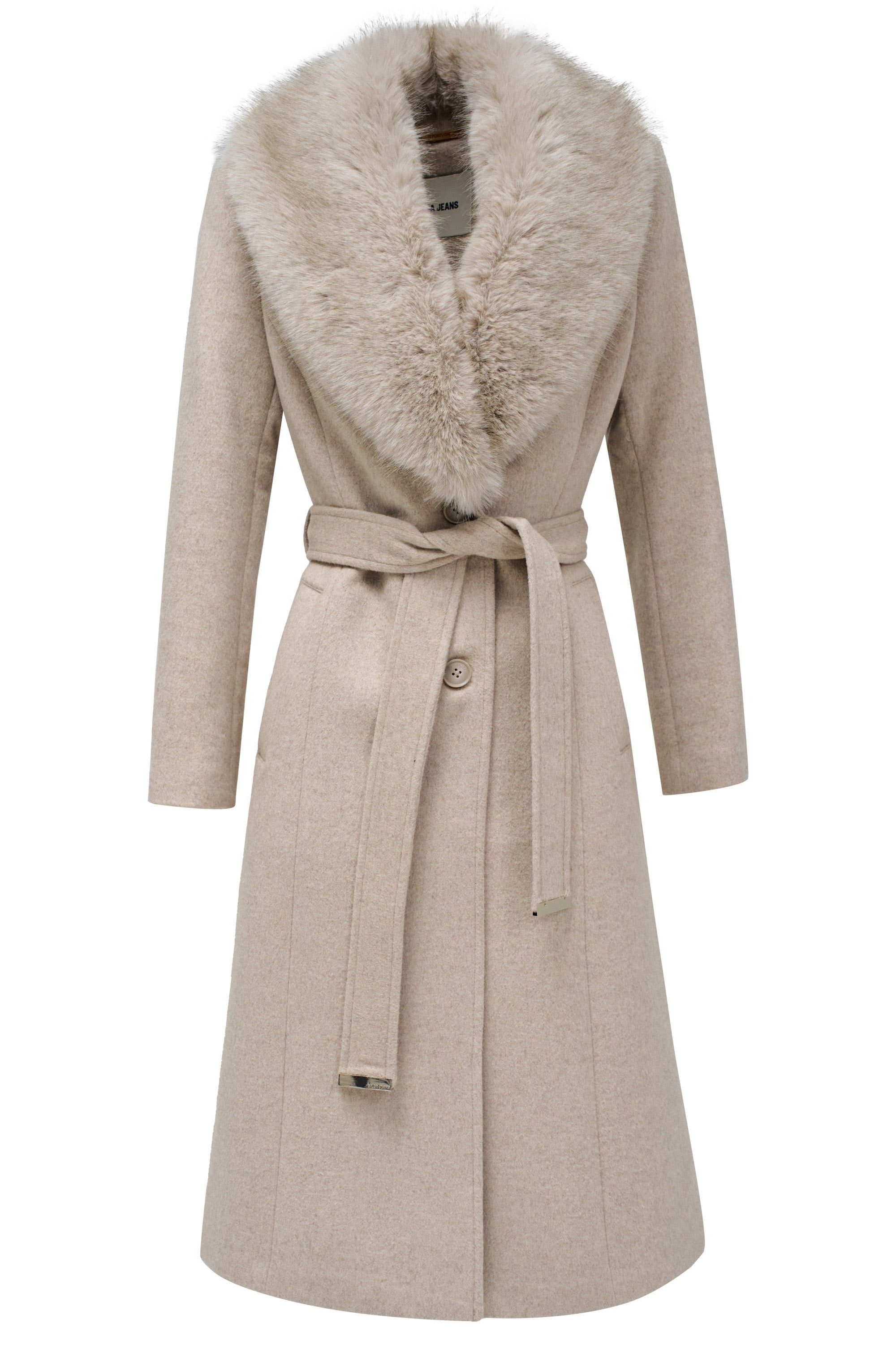 Long Wool Coat Faux Fur Belt in Medium Beige V1 Jacken Salsa Jeans