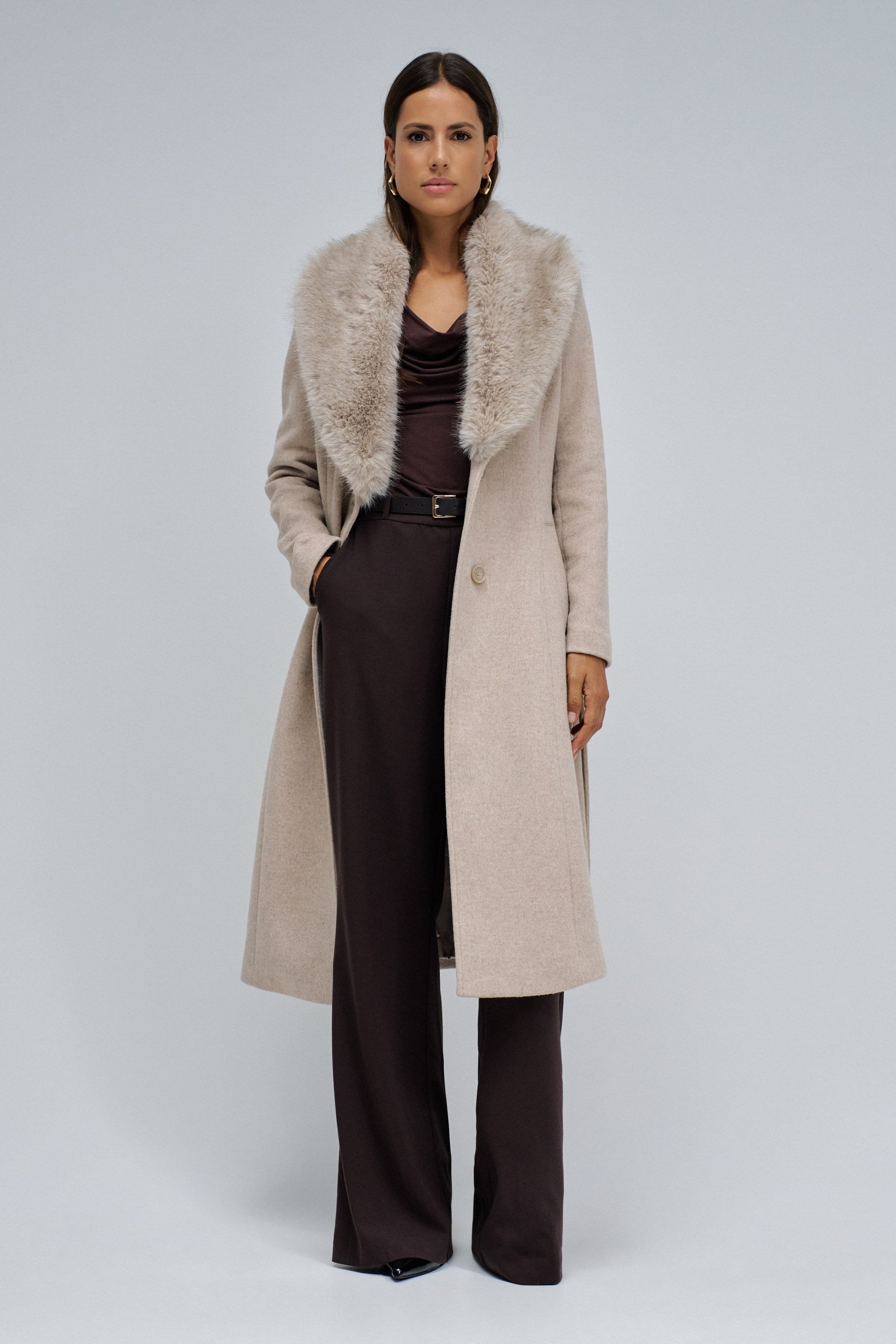 Long Wool Coat Faux Fur Belt in Medium Beige V1 Jacken Salsa Jeans