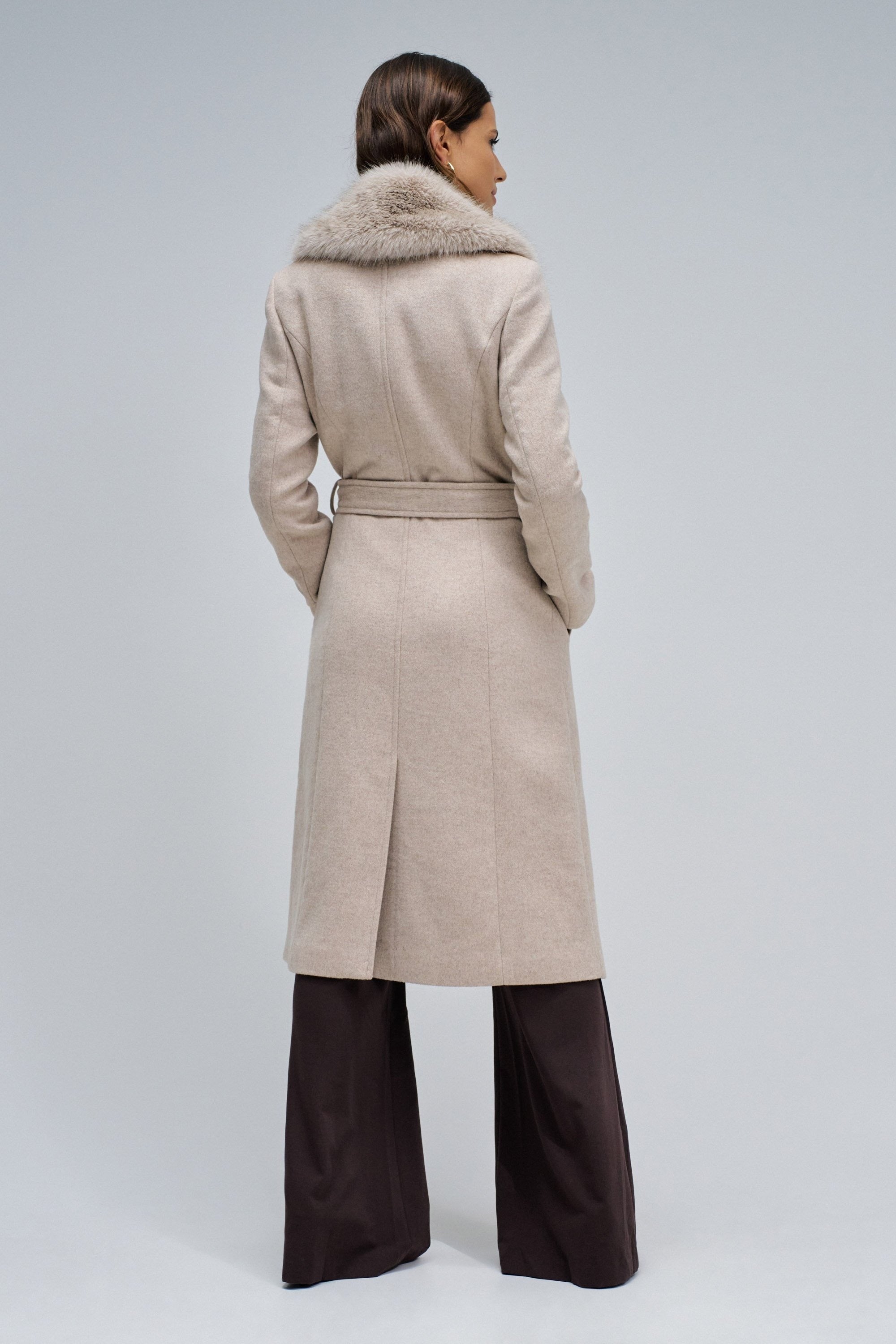 Long Wool Coat Faux Fur Belt in Medium Beige V1 Jacken Salsa Jeans