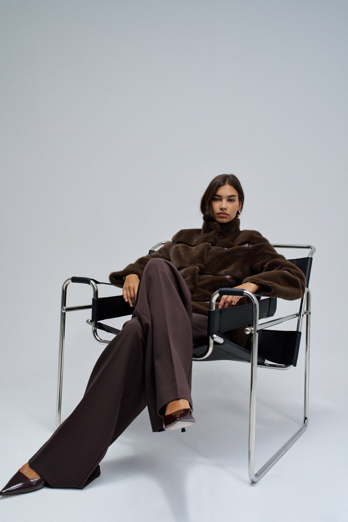 Faux Fur Coat mit Kunstleder-Elementen in Dark Brown Jacken Salsa Jeans