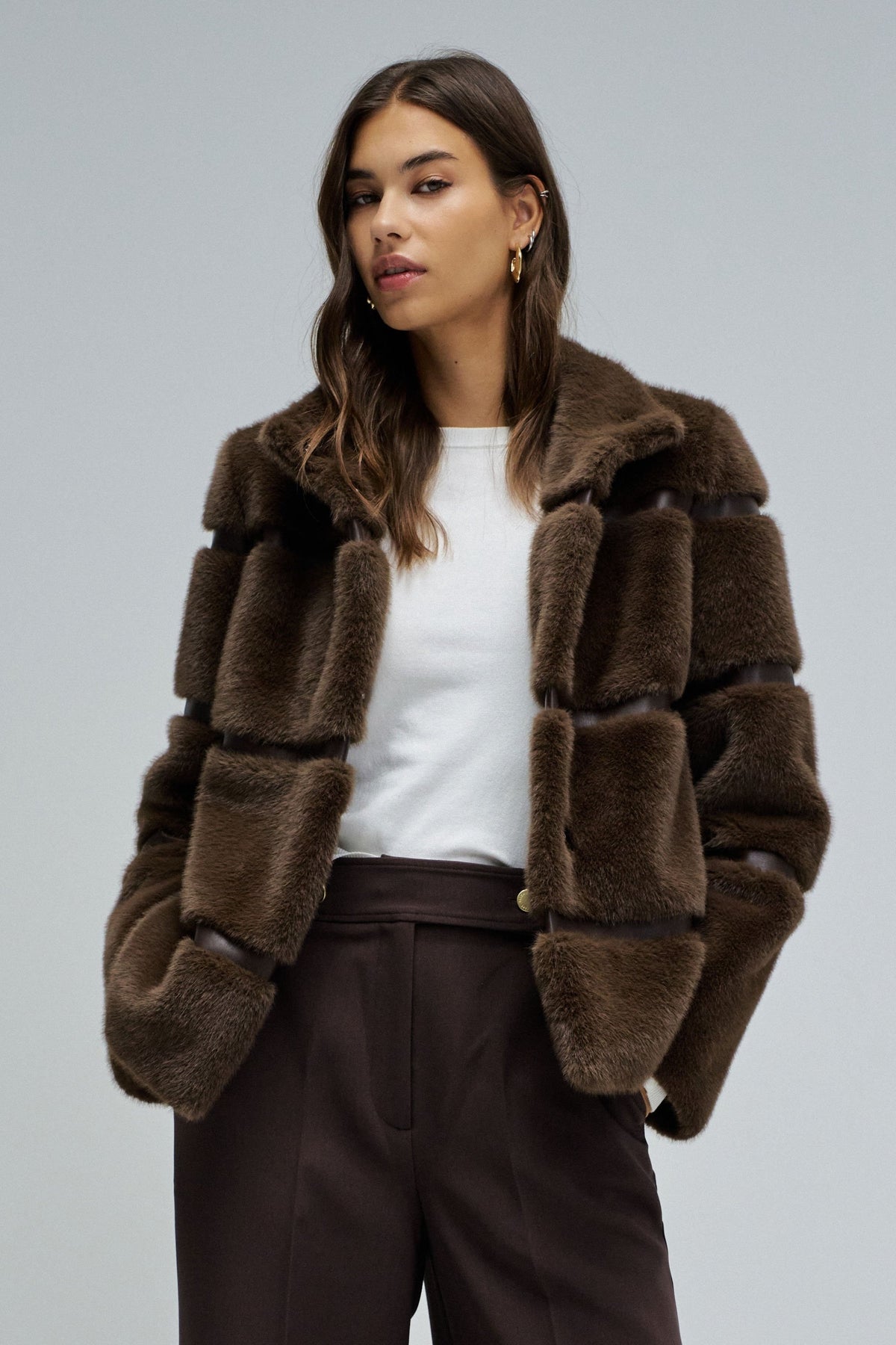 Faux Fur Coat mit Kunstleder-Elementen in Dark Brown Jacken Salsa Jeans