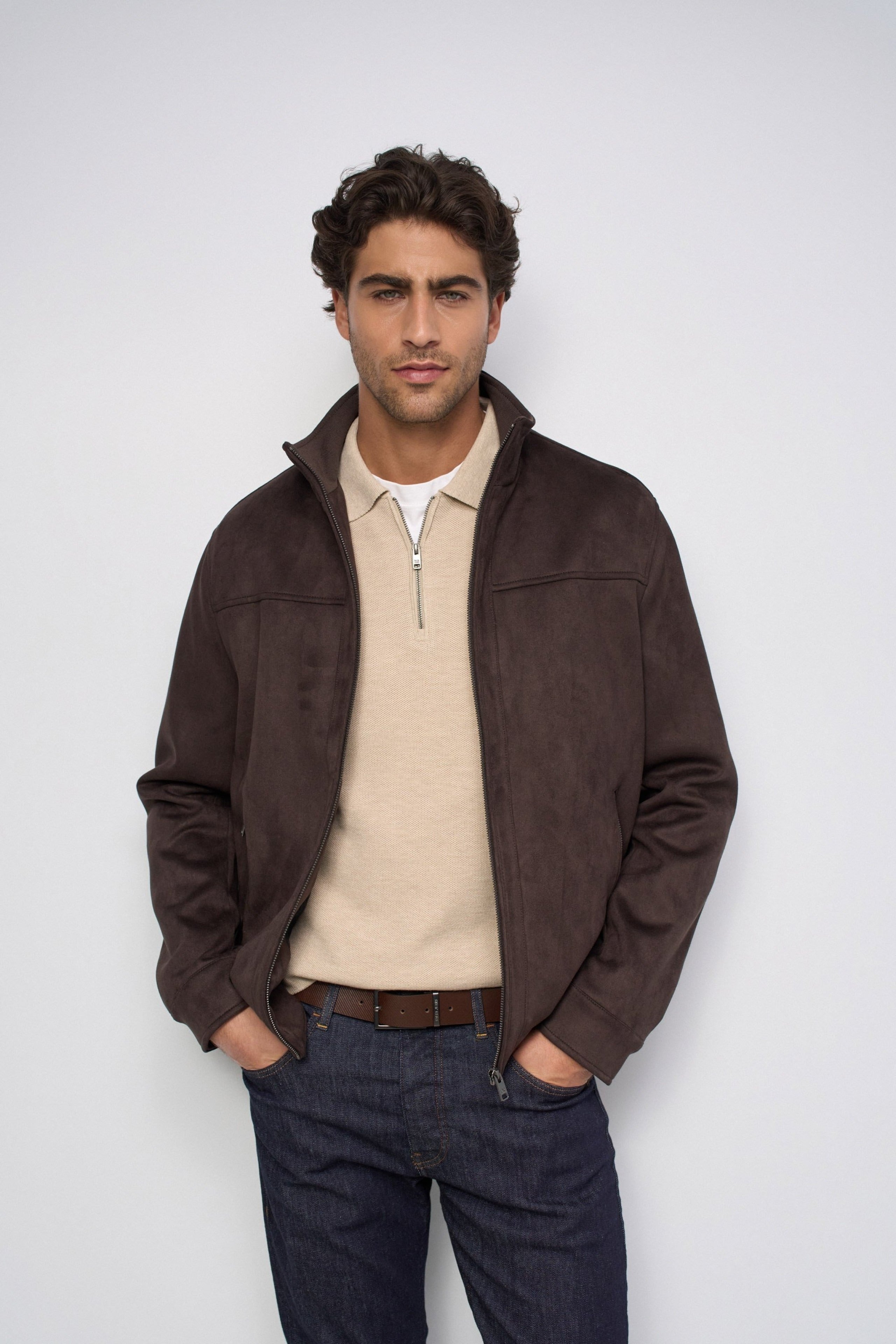 Faux Suede Bomberjacke in Dark Brown