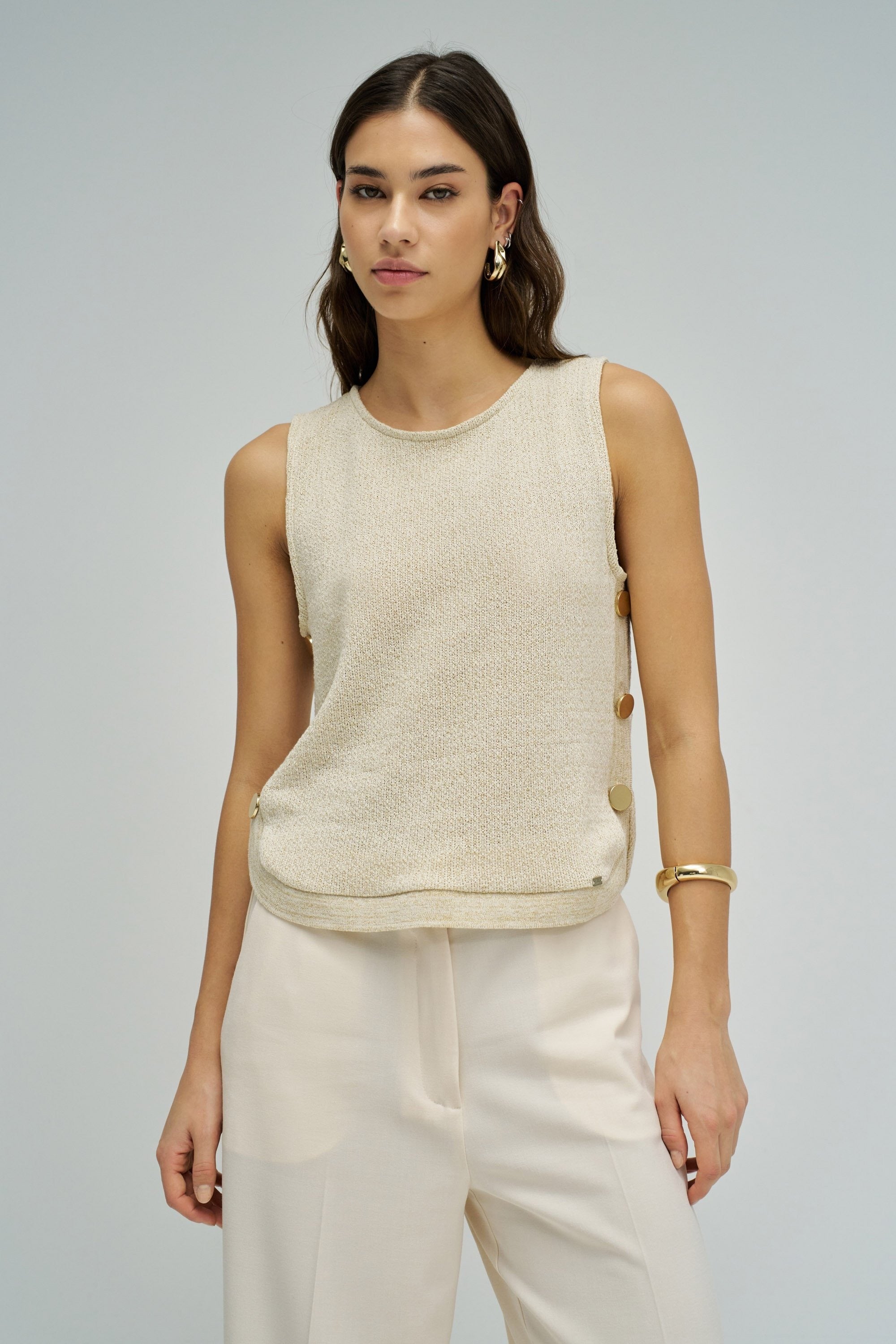 Lurex Knit Top With Buttons in Light Beige T-Shirts Salsa Jeans