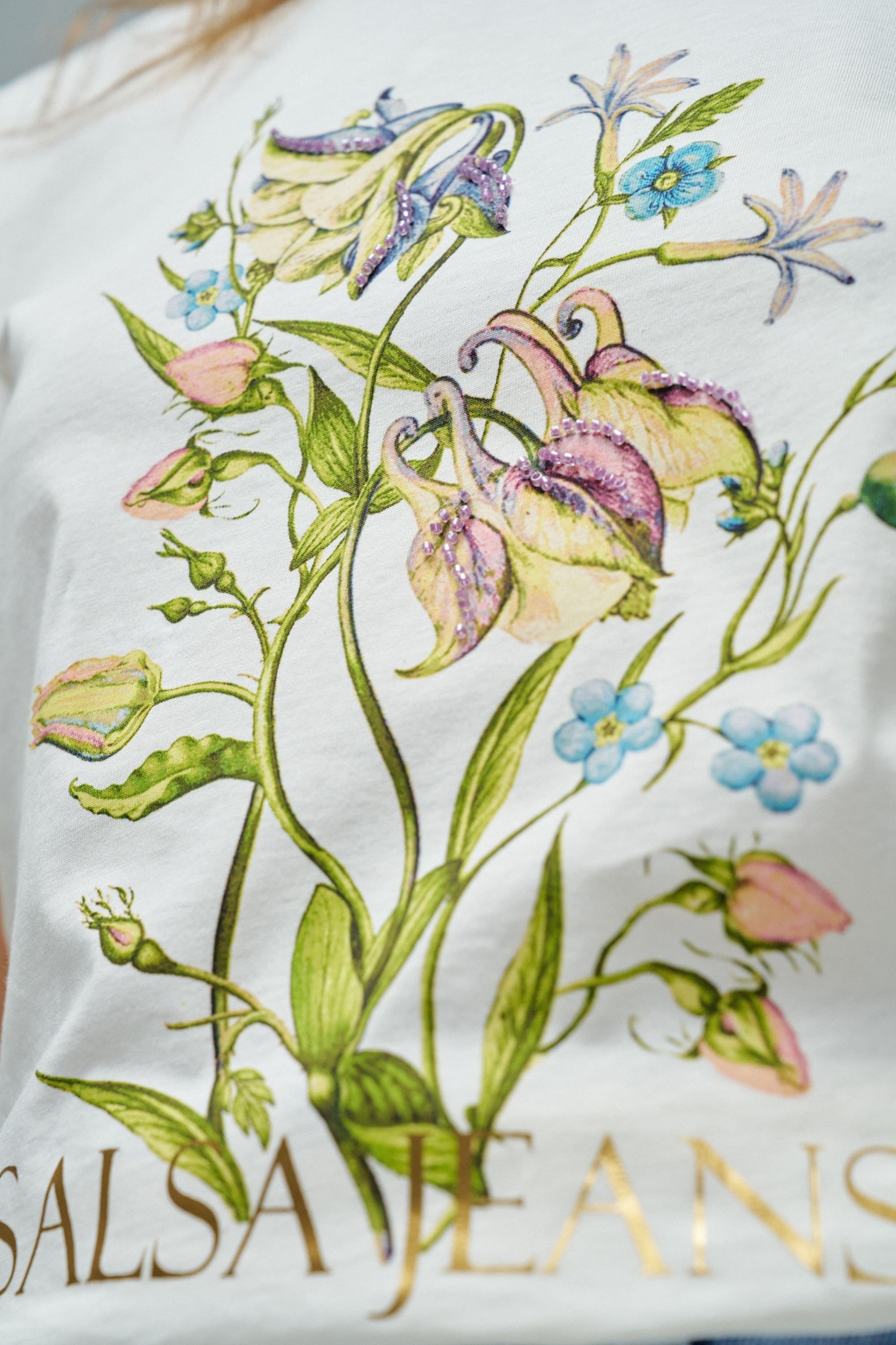 Flower Print T-Shirt in Light Pearl V2 T-Shirts Salsa Jeans