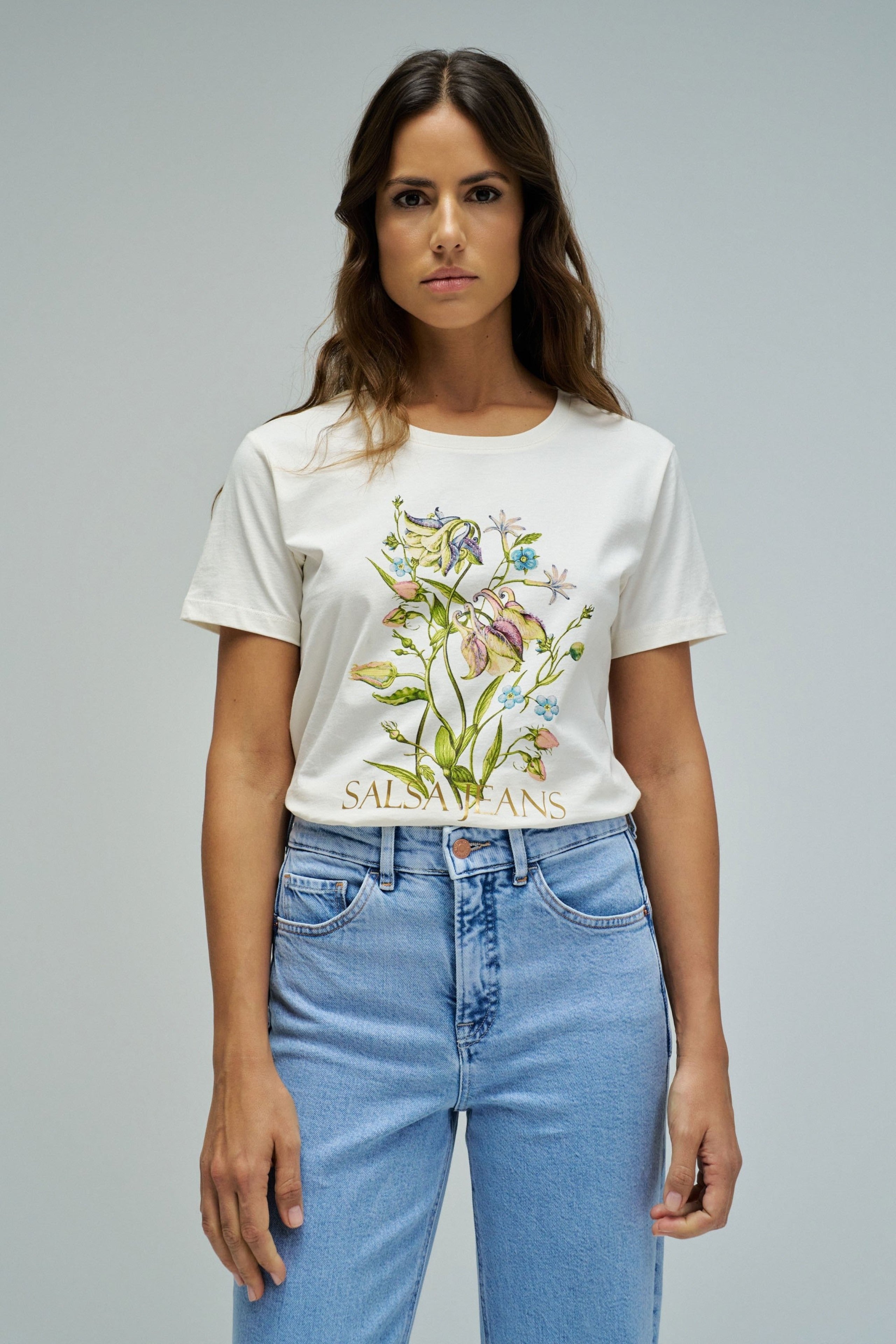 Flower Print T-Shirt in Light Pearl V2 T-Shirts Salsa Jeans