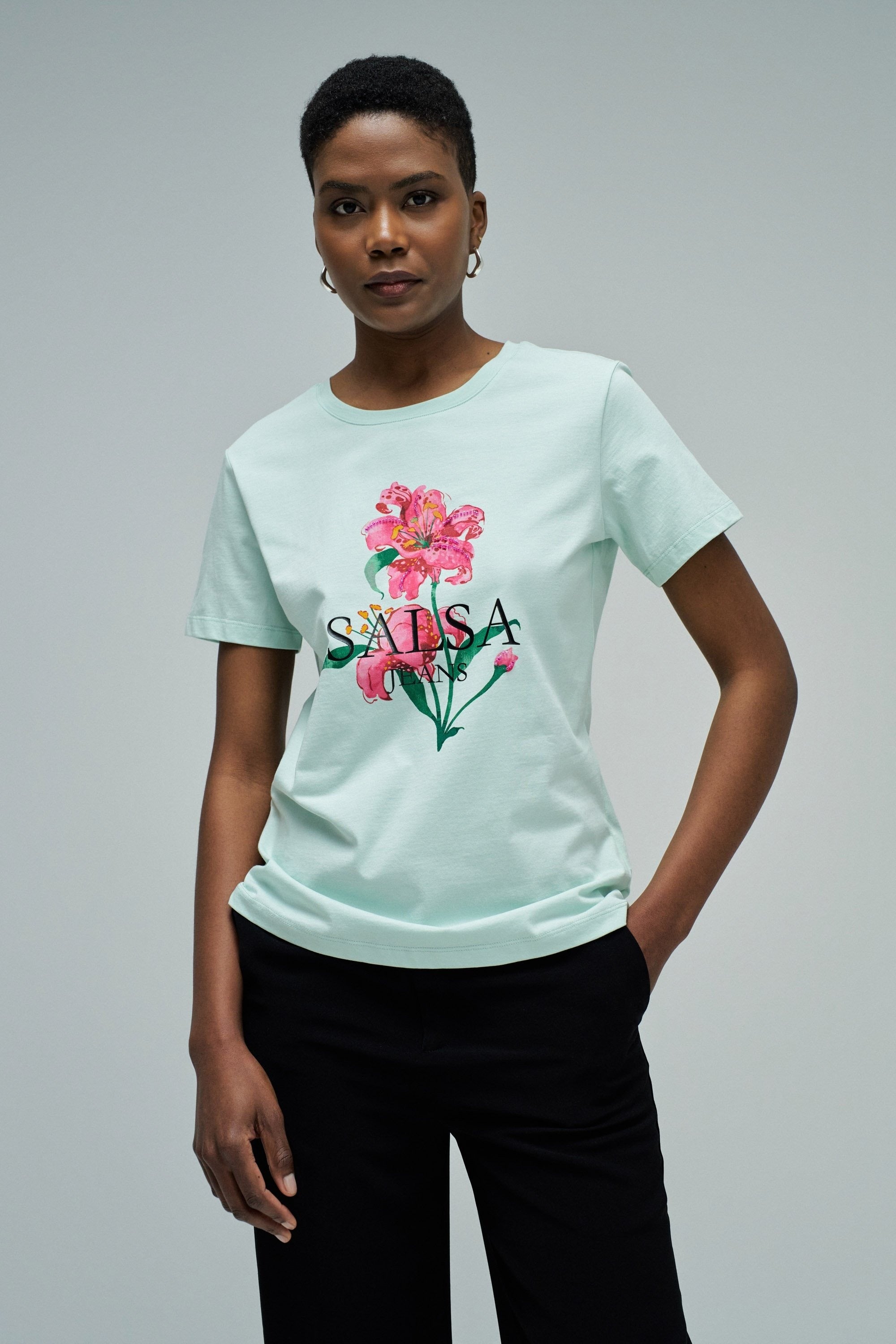 Flower Print T-Shirt in Light Green T-Shirts Salsa Jeans