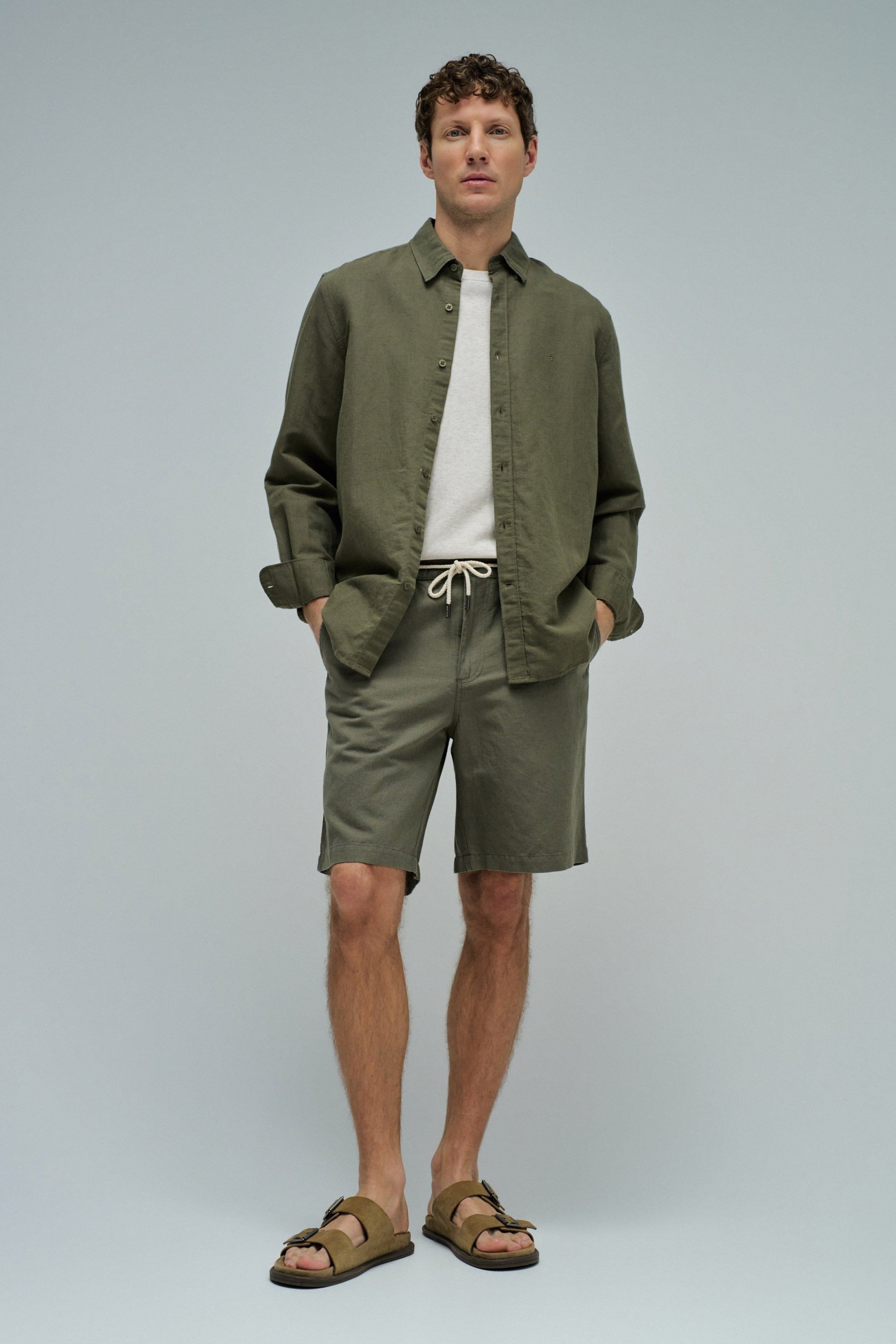 Cotton Linen Shorts in Dark Green V1 Shorts Salsa Jeans