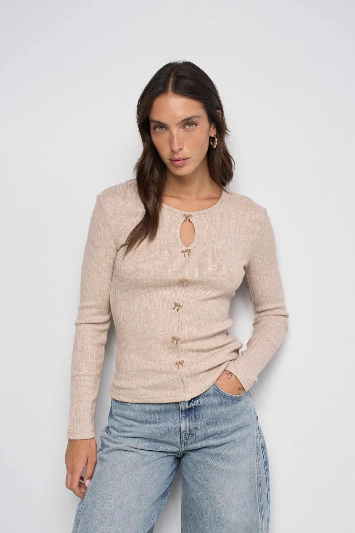 Longsleeve mit Schleifen-Detail in Medium Beige T-Shirts Salsa Jeans