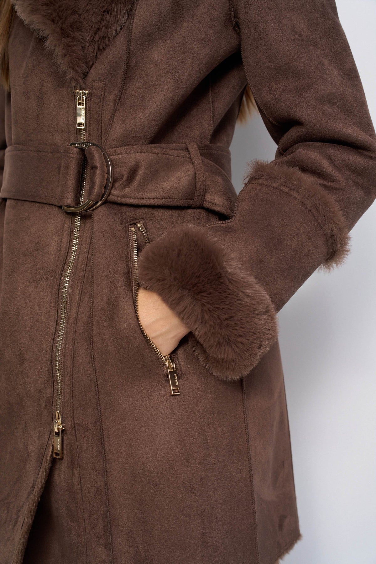 Langer Shearling Mantel in Dark Brown V1