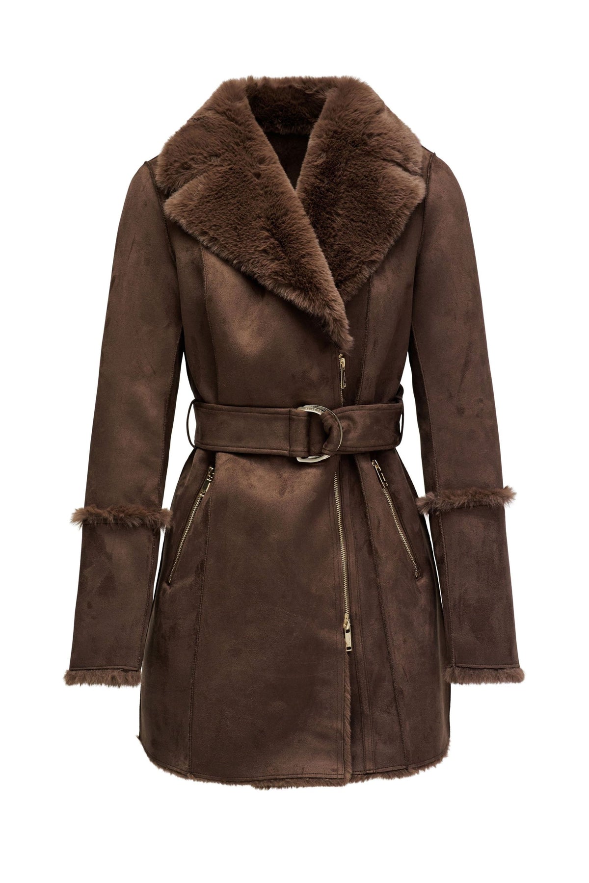 Langer Shearling Mantel in Dark Brown V1
