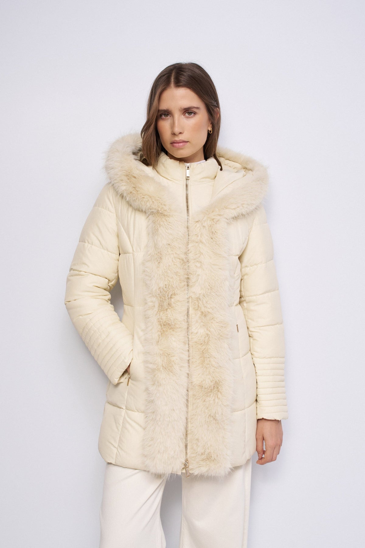 Langer Puffer Coat mit Kunstfell in Medium Beige V2 Jacken Salsa Jeans
