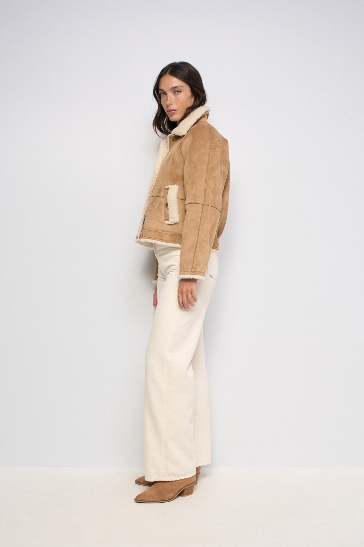 Cropped Faux Suede Shearling Jacke in Medium Brown V2 Jacken Salsa Jeans