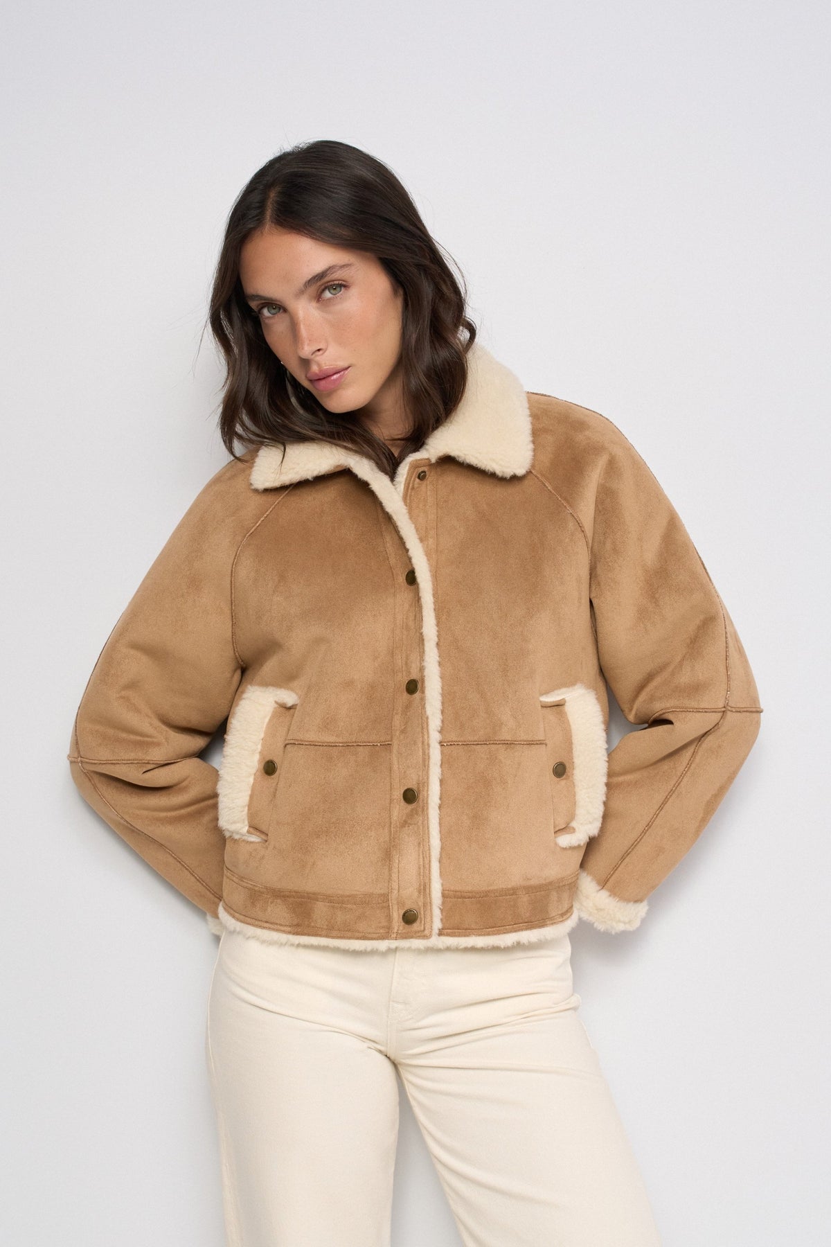 Cropped Faux Suede Shearling Jacke in Medium Brown V2 Jacken Salsa Jeans