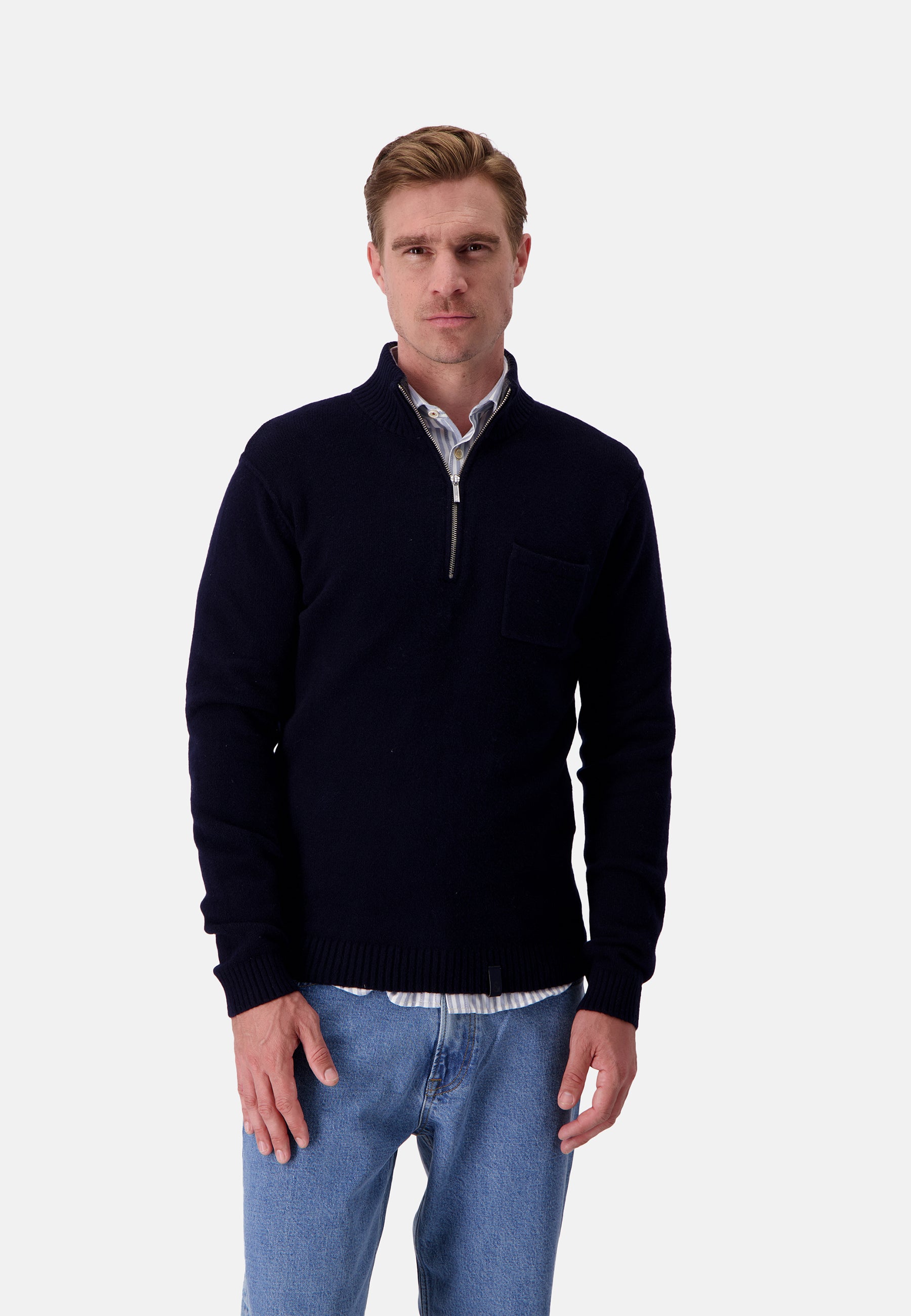 Mock-Zip Woolen Touch in Navy Pullover Colours and Sons   