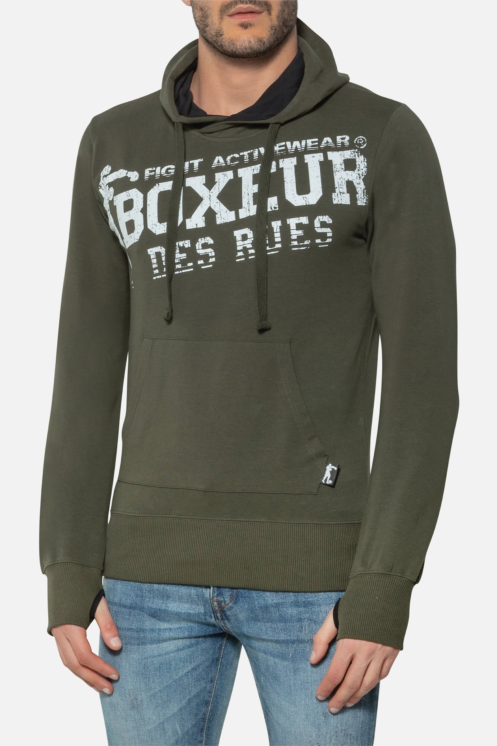 Hooded Sweatshirt with Thumb Openings in Army Kapuzenpullover Boxeur des Rues   