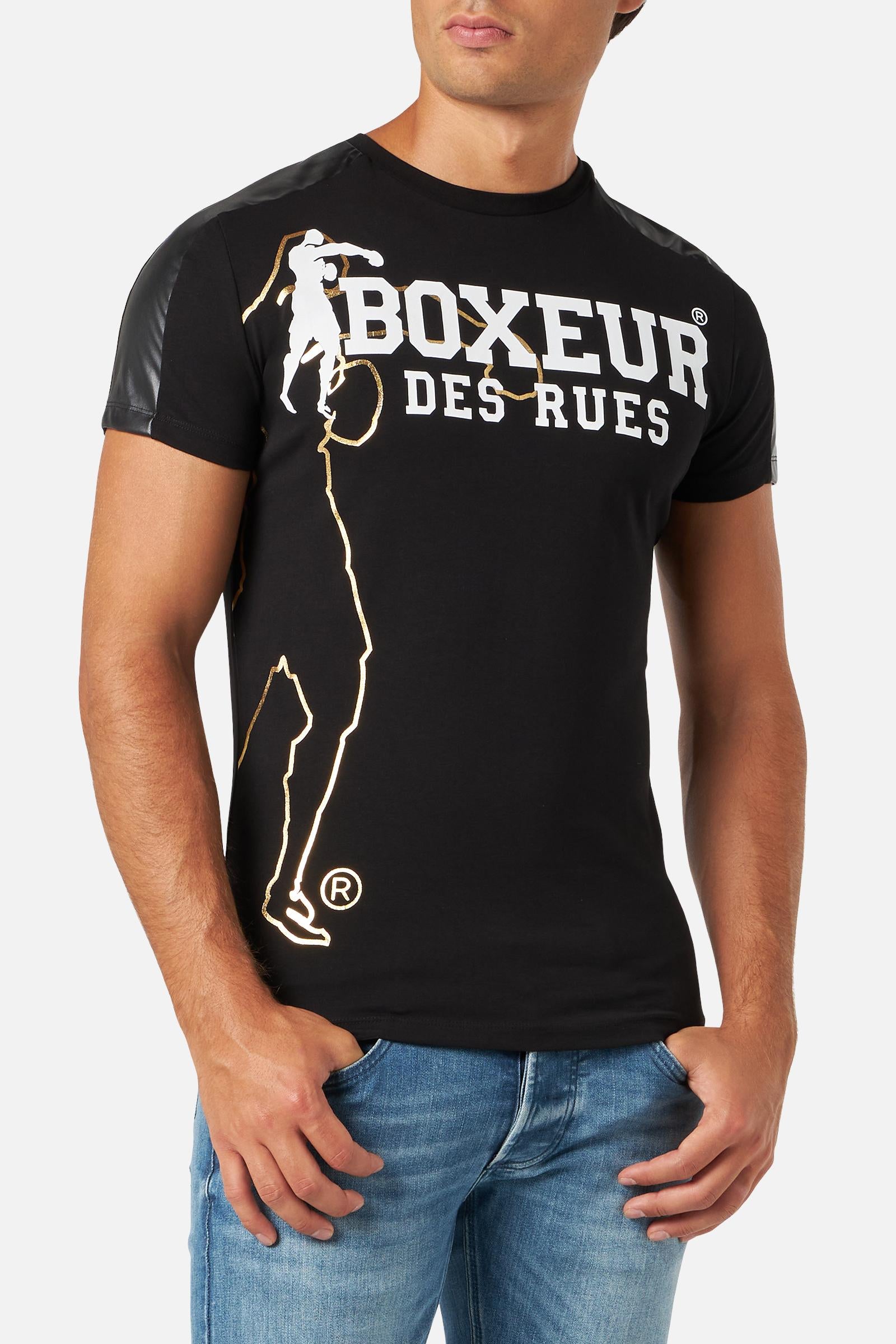 Printed Round Neck T-Shirt in Black-Gold T-Shirts Boxeur des Rues   