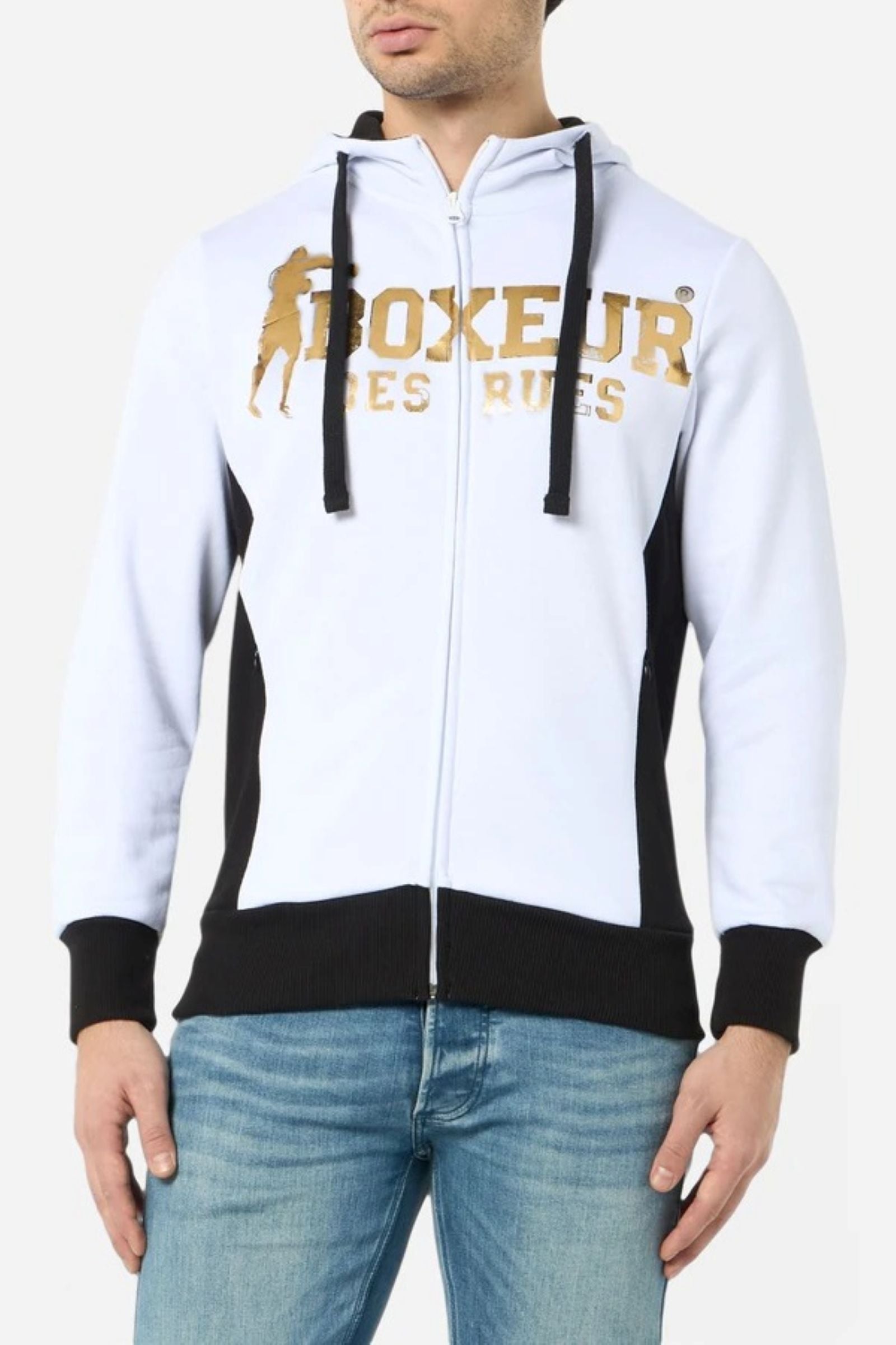 Hooded Full Zip Sweatshirt in White-Gold Sweatjacken Boxeur des Rues